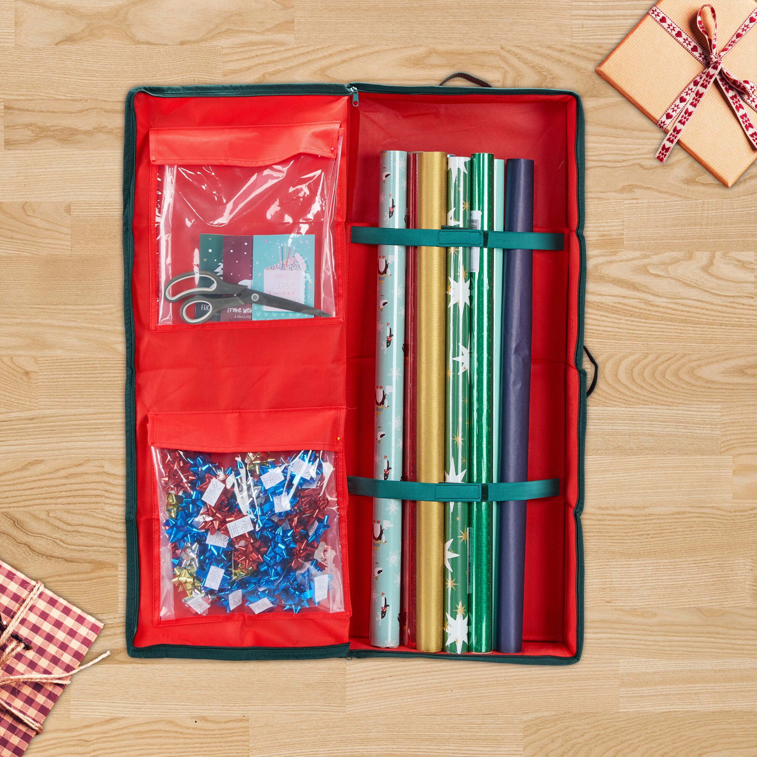 Relaxdays Contenitore Carta Regalo, Scatola Scomparti Porta Rotoli, Nastri, Palline, Addobbi Natale e Feste, Rosso Nero