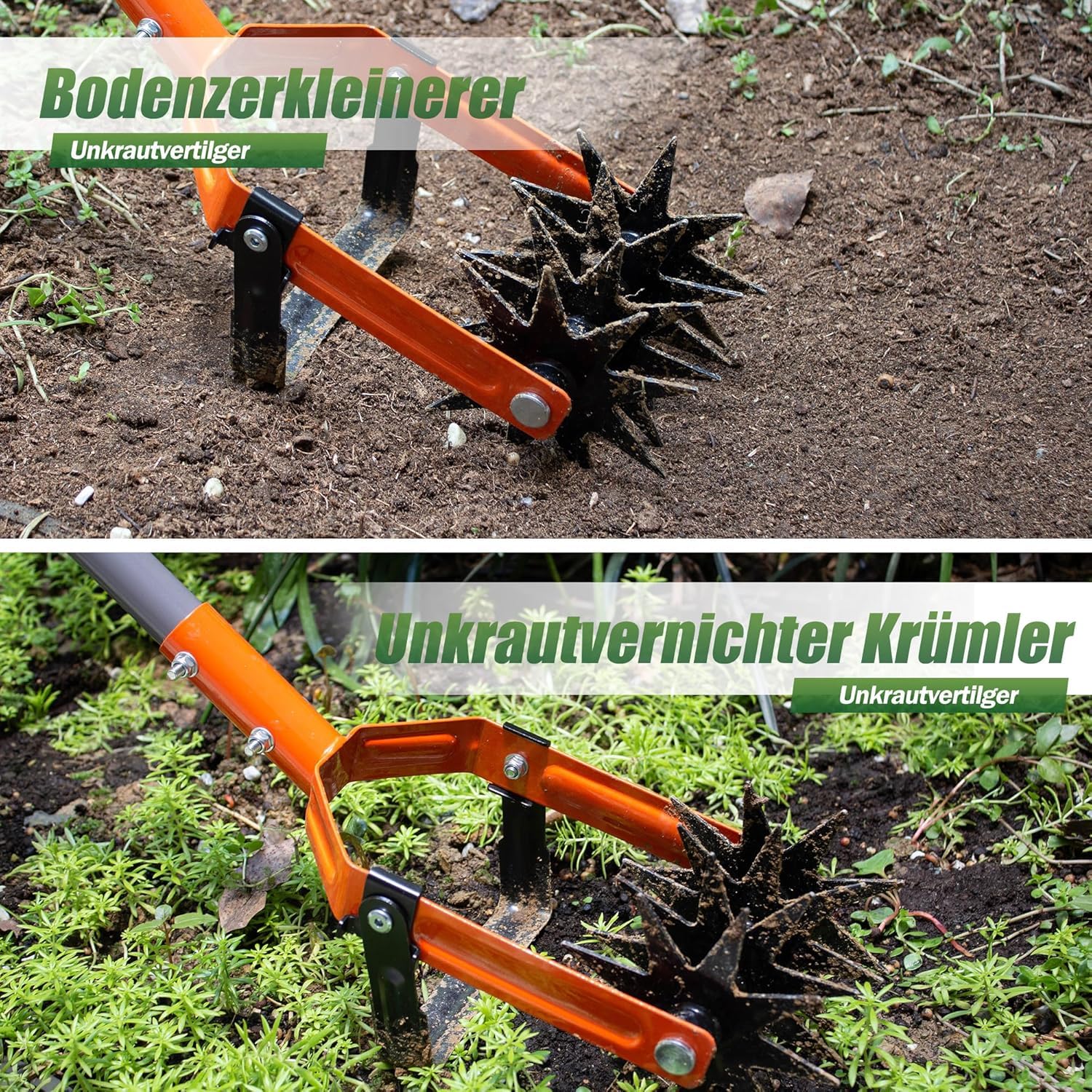 Sternfräse, Gartenfräse mit Edelstahlgriff, Kultivator für Garten, gegen Unkraut & Moos, Krümler zum Lockern des Bodens, Bodenkrümler mit Rechenzinken, Rollkultivator