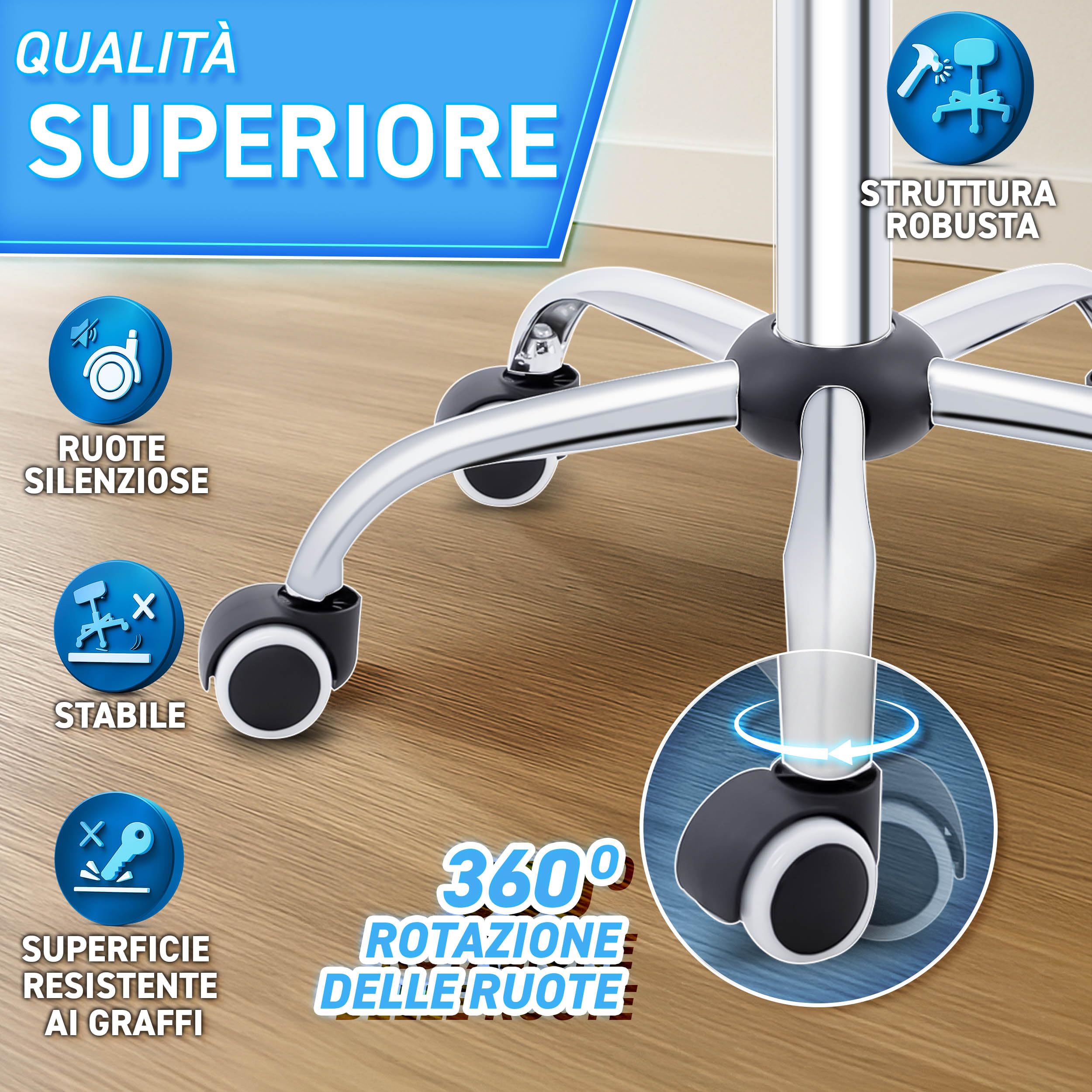 TRESKO Sgabello a rotelle con schienale bianco, regolabile in altezza 46-58 cm, sgabello girevole con ruote, sedia da ufficio, sgabello girevole per cosmetici
