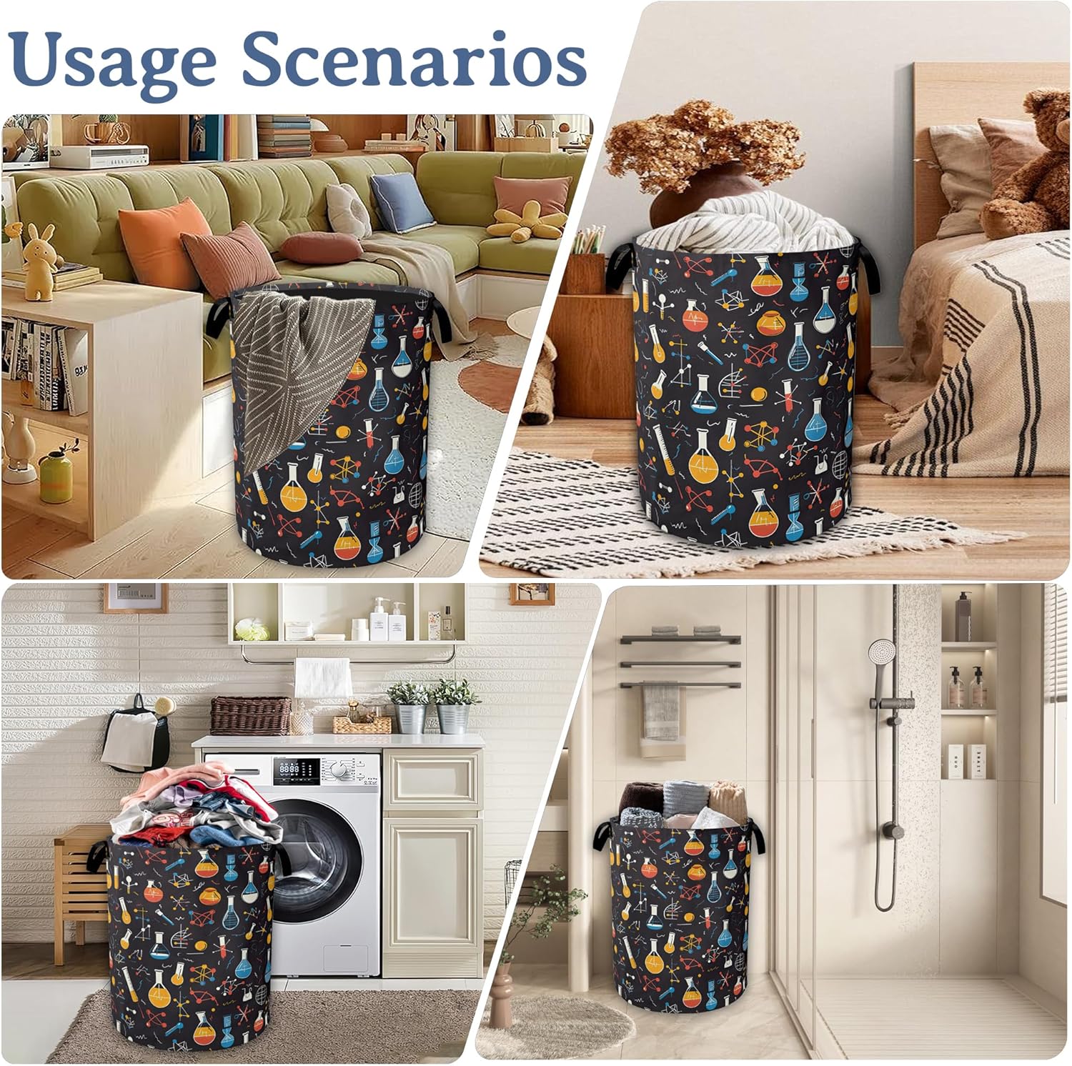 Science Biology Physics Laundry Hamper With Handle,Foldable Oxford Cloth Flasks Formula Laundry Basket,20.8"x16" Clothes Storage Basket for Laundry Room/Bedroom/Bathroom