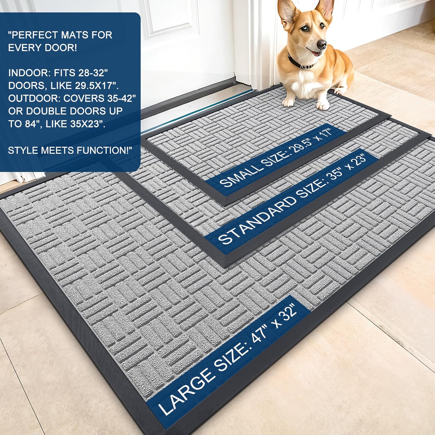 OLANLY Front Door Mat Outside Entrance 71x47, Absorbent, Heavy Duty Sturdy Natural Rubber Doormat Indoor Outdoor, Non-Slip, Stain and Fade Resistant, Low Profile Floor Mat for Entryway, Light Gray
