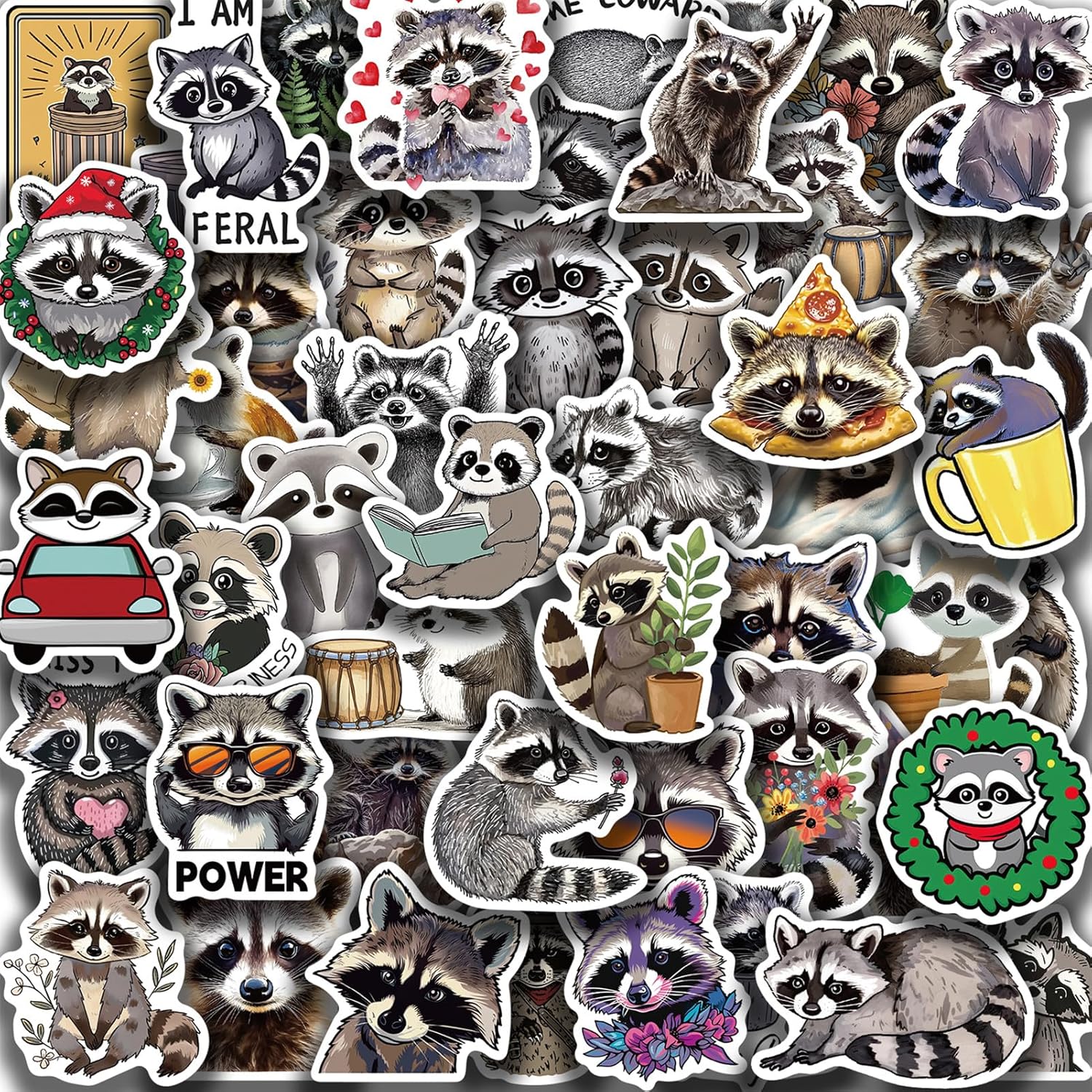 50 Pcs Cartoon Raccoon Stickers Pack for Kids Teens, Cute Raccoon ...