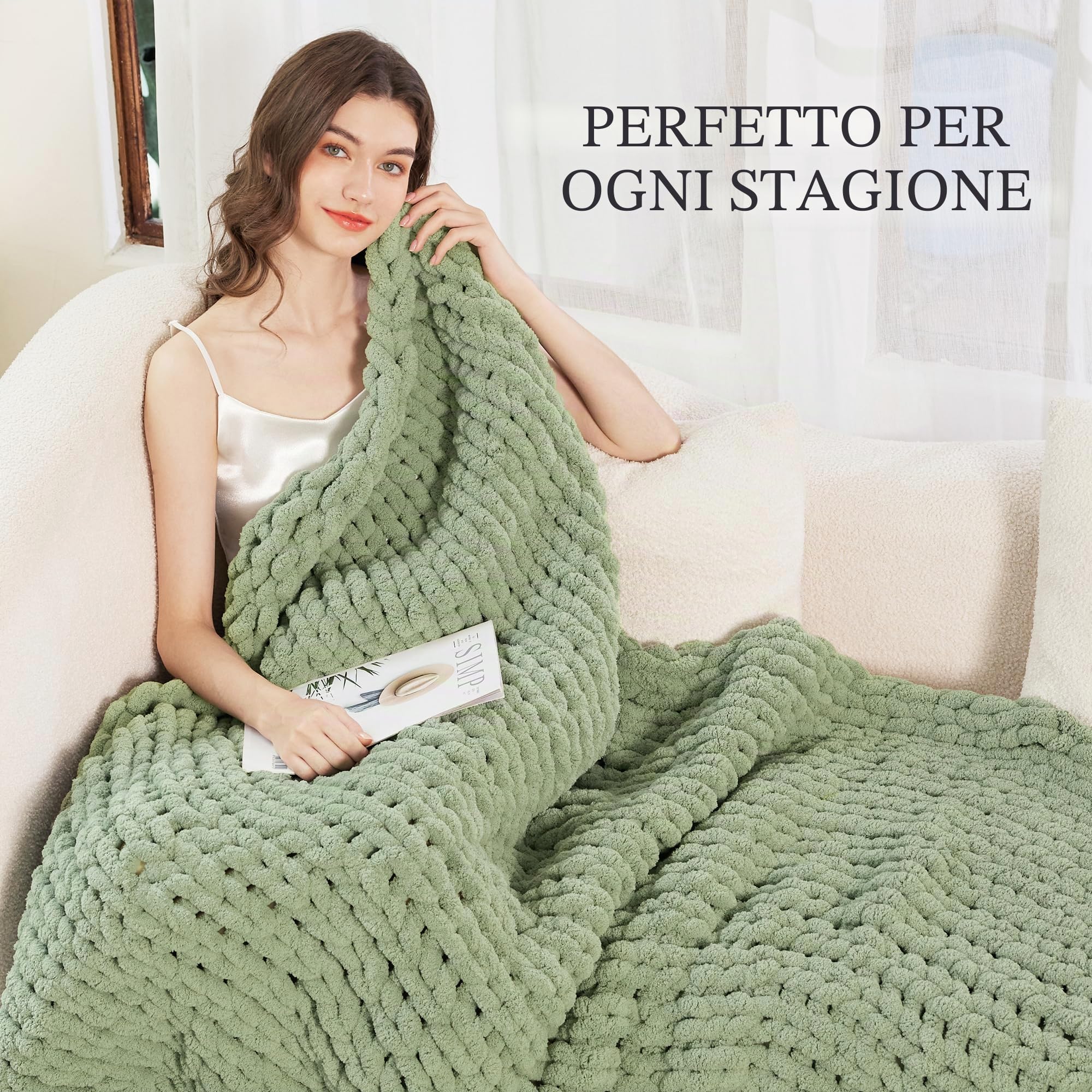 Admitrack Coperta a maglia grossa, 100% ciniglia lavorata a mano, per divano e decorazione della casa, morbida e accogliente coperta lavorata a maglia (verde salvia, 101,6 x 127 cm)