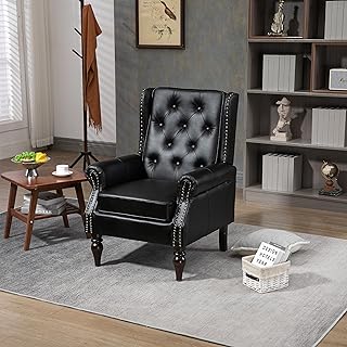 Bellemave Mid Century Wingback Chair, PU Leather Button Tufted Upholstered Accent Armchair with Wood Legs, Modern Living Room Chairs with High Back, Leisure Single Sofa Chair for Bedroom,Club(Black)