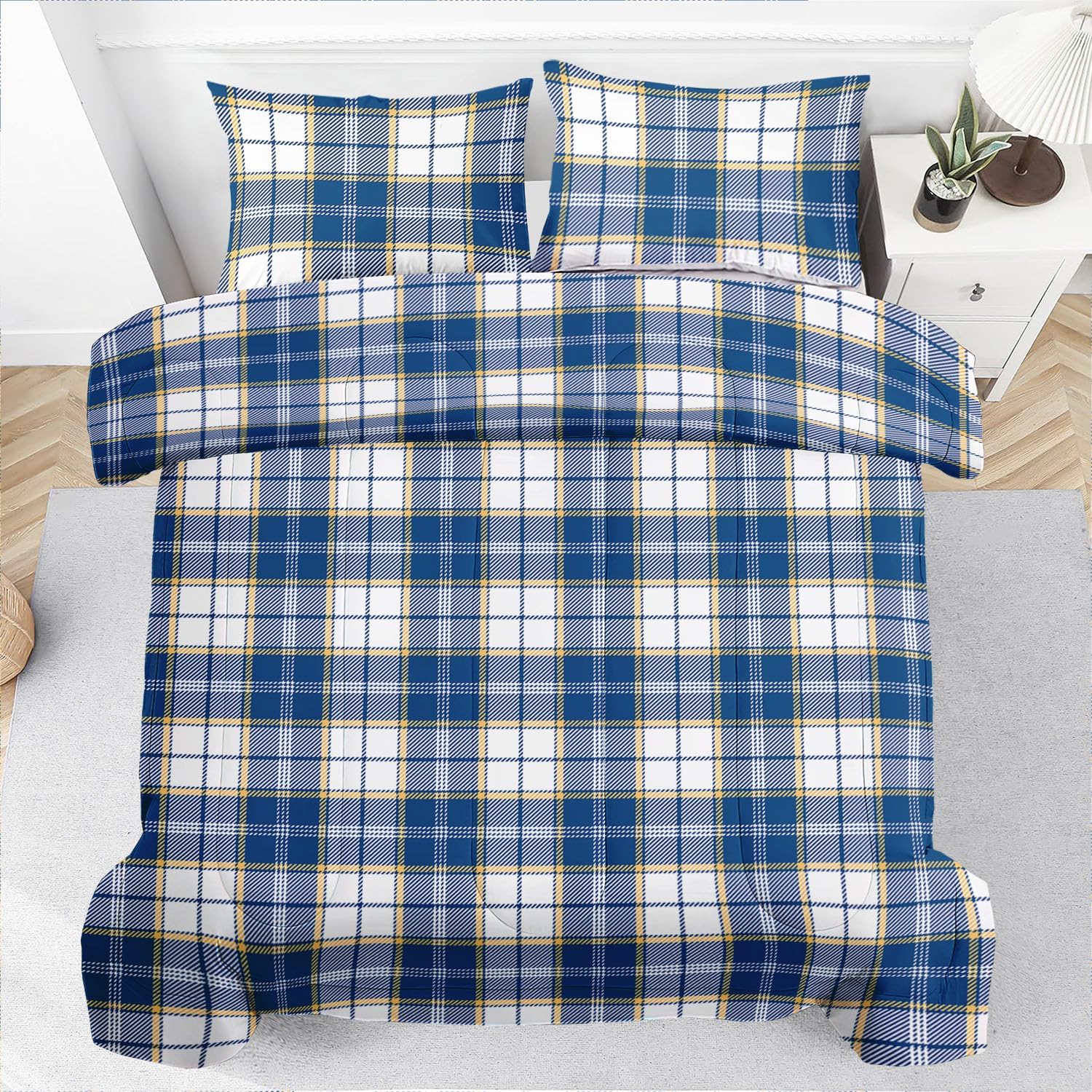 Raphus cucullatus Blue Plaid Queen Comforter Set,Gingham Bedding Blue Checkered Queen Comforter Set,Farmhouse Bedding Gingham Quilt,Western Quilt Boho Bedroom Decor