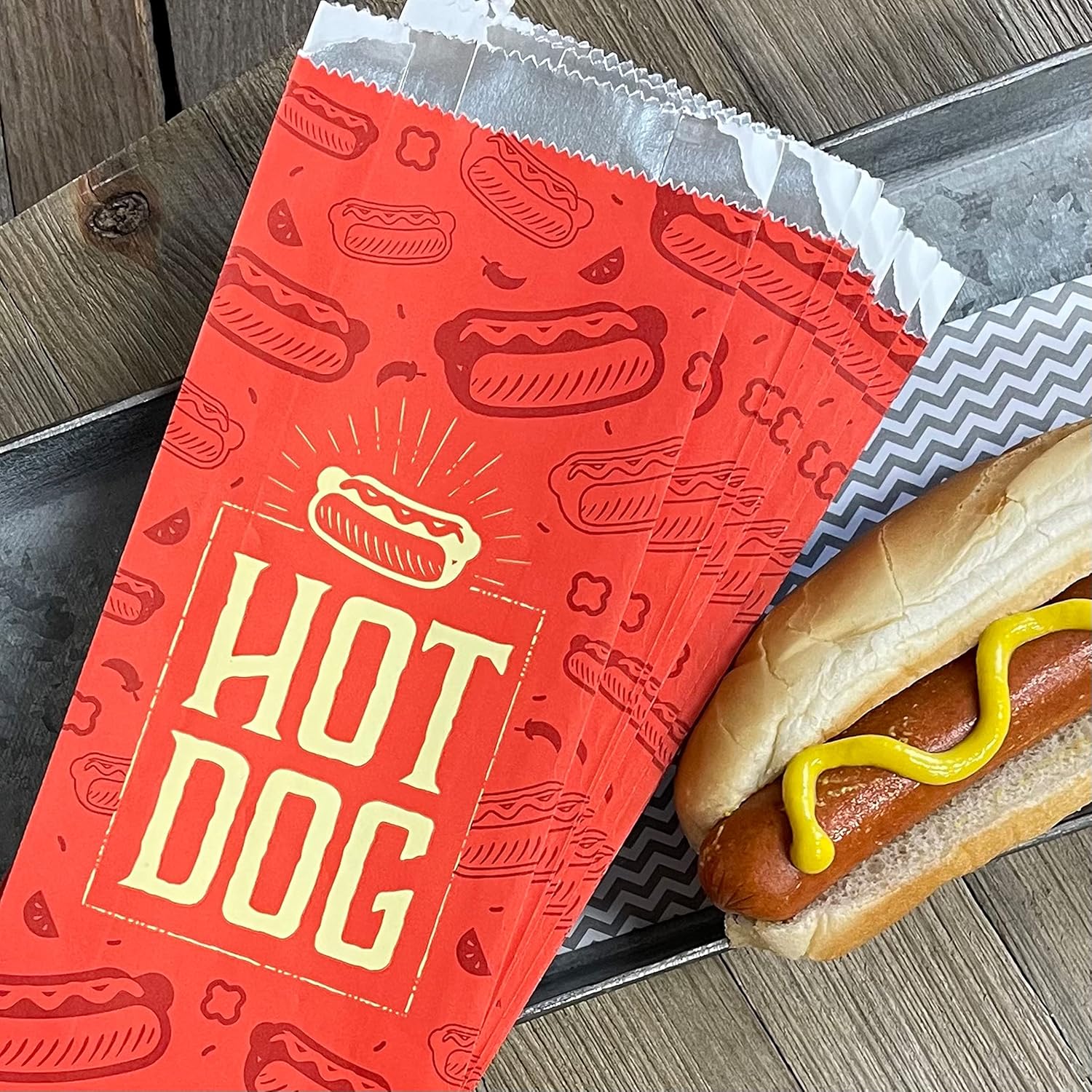 Printed Foil Hot Dog Bags - 450 Pack - Silver Red by Outside the Box Papers