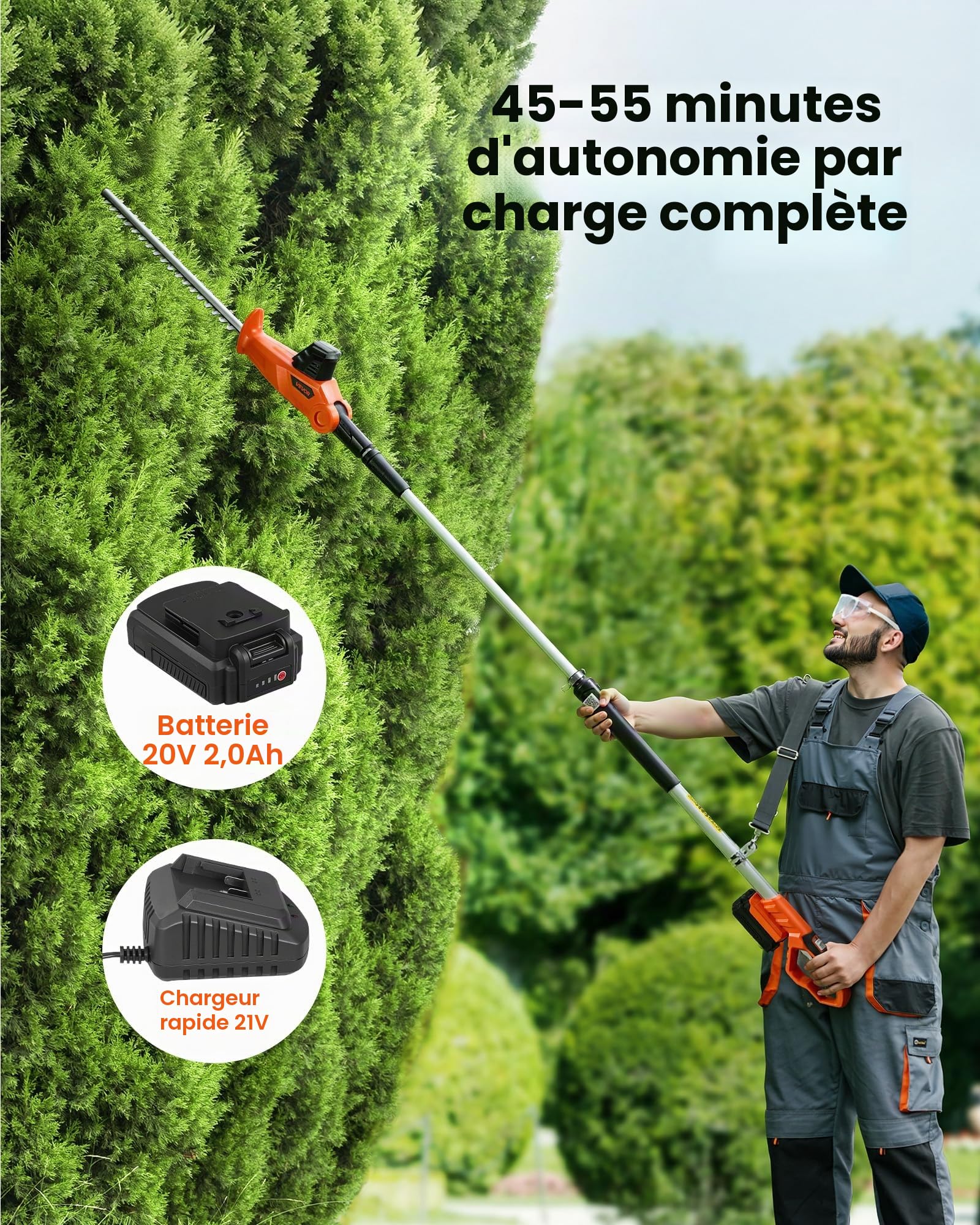 VEVOR Taille-haie Électrique sans Fil 20 V, Taille-haie à Batterie pour Branches Hautes, Lame en Acier Double Tranchant 457,2 mm, Perche Télescopique 187,5-238,5 cm, Batterie et Chargeur Rapide Inclus