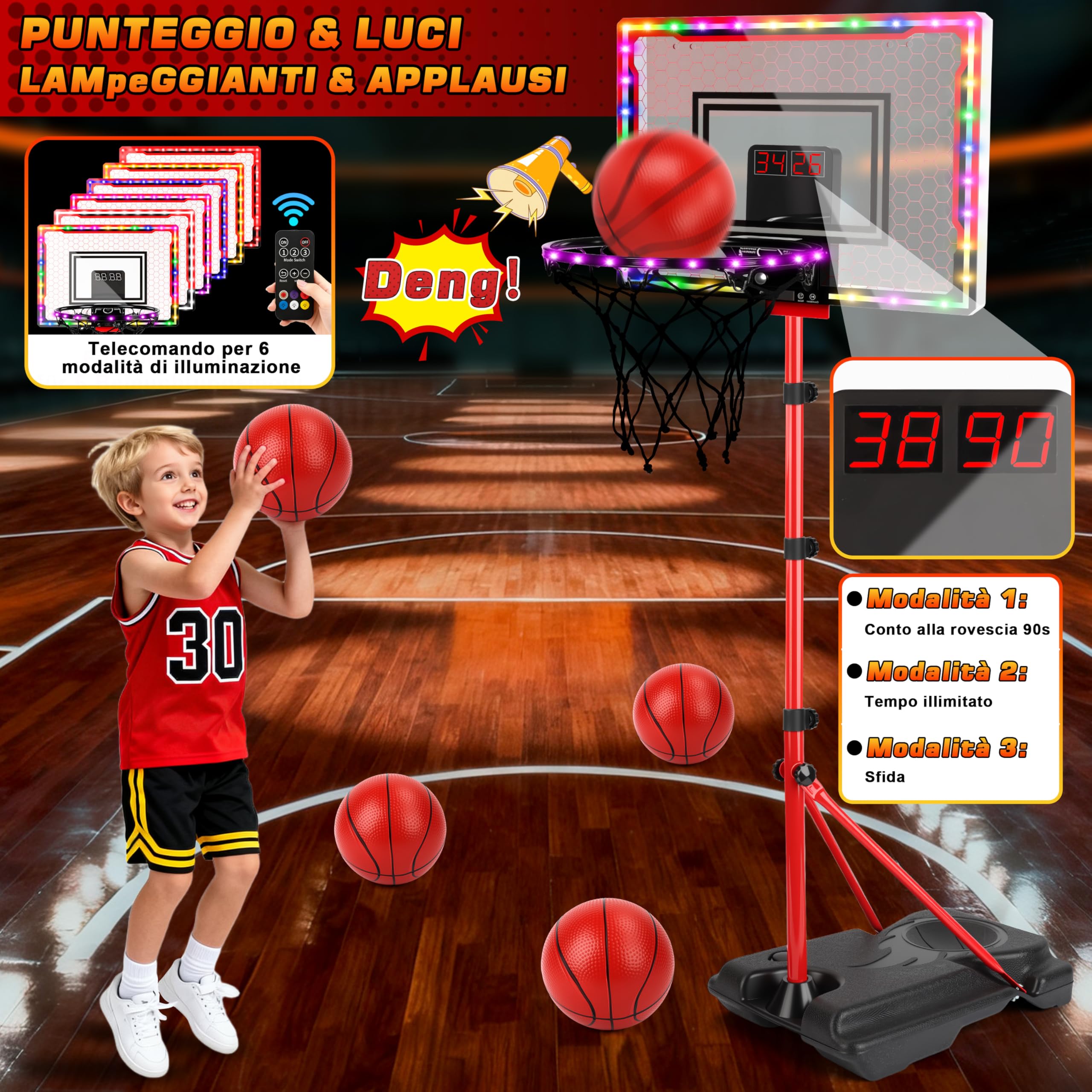 Canestro Basket Bambini, Canestro Basket da Sopra la Porta con Elettronico Punteggio Record, Luce LED, Suoni di Tifo, Altezza Regolabile, Giocattolo per Interno Esterno, Regali Bambino 3 4 5+ Anni