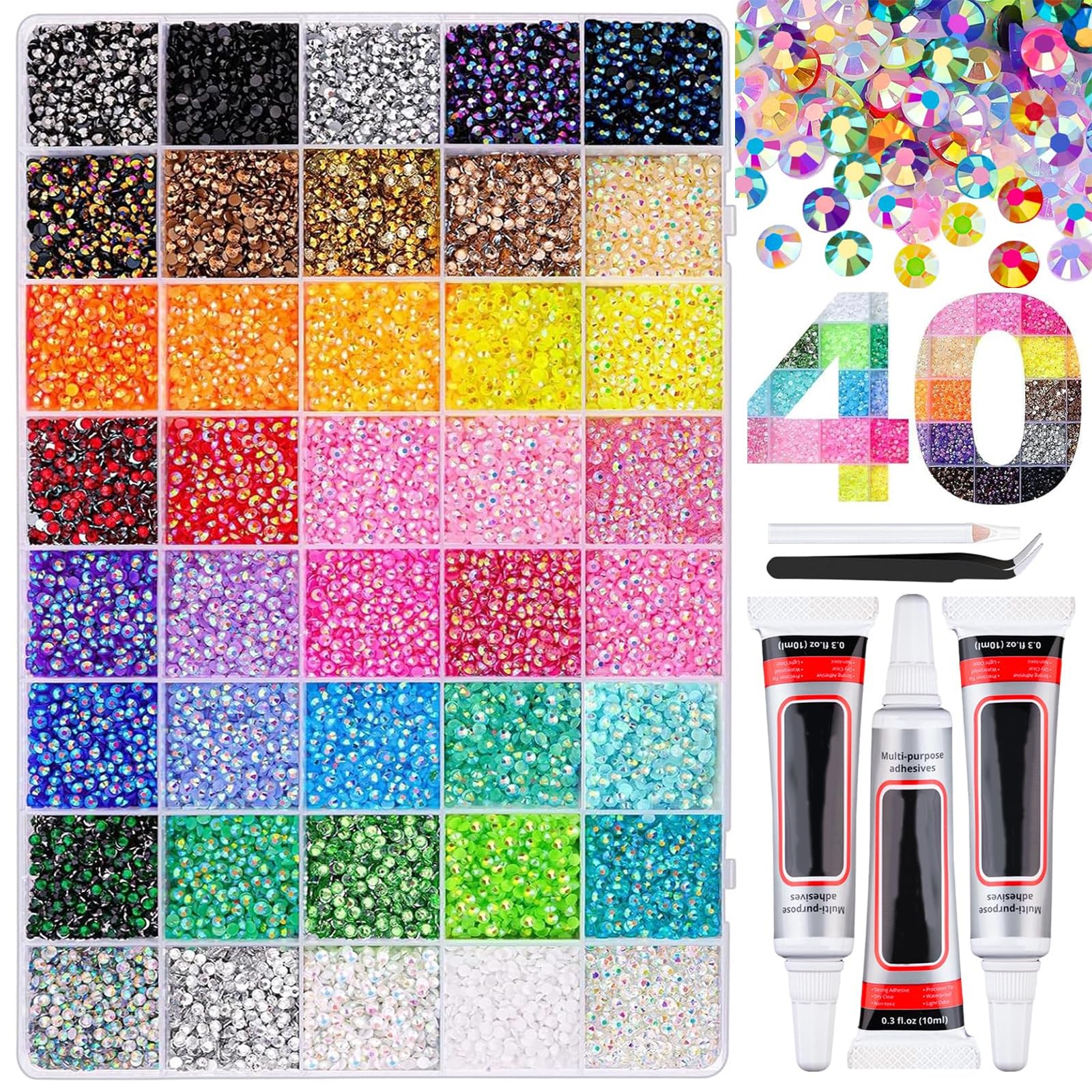 Bedazzling - Kit con colla e penna, kit di strass Bedazzle in 40 colori, multicolore con retro piatto, gemme arcobaleno per fai da te, kit di strass Bedazzler per abbigliamento, scarpe, libri per