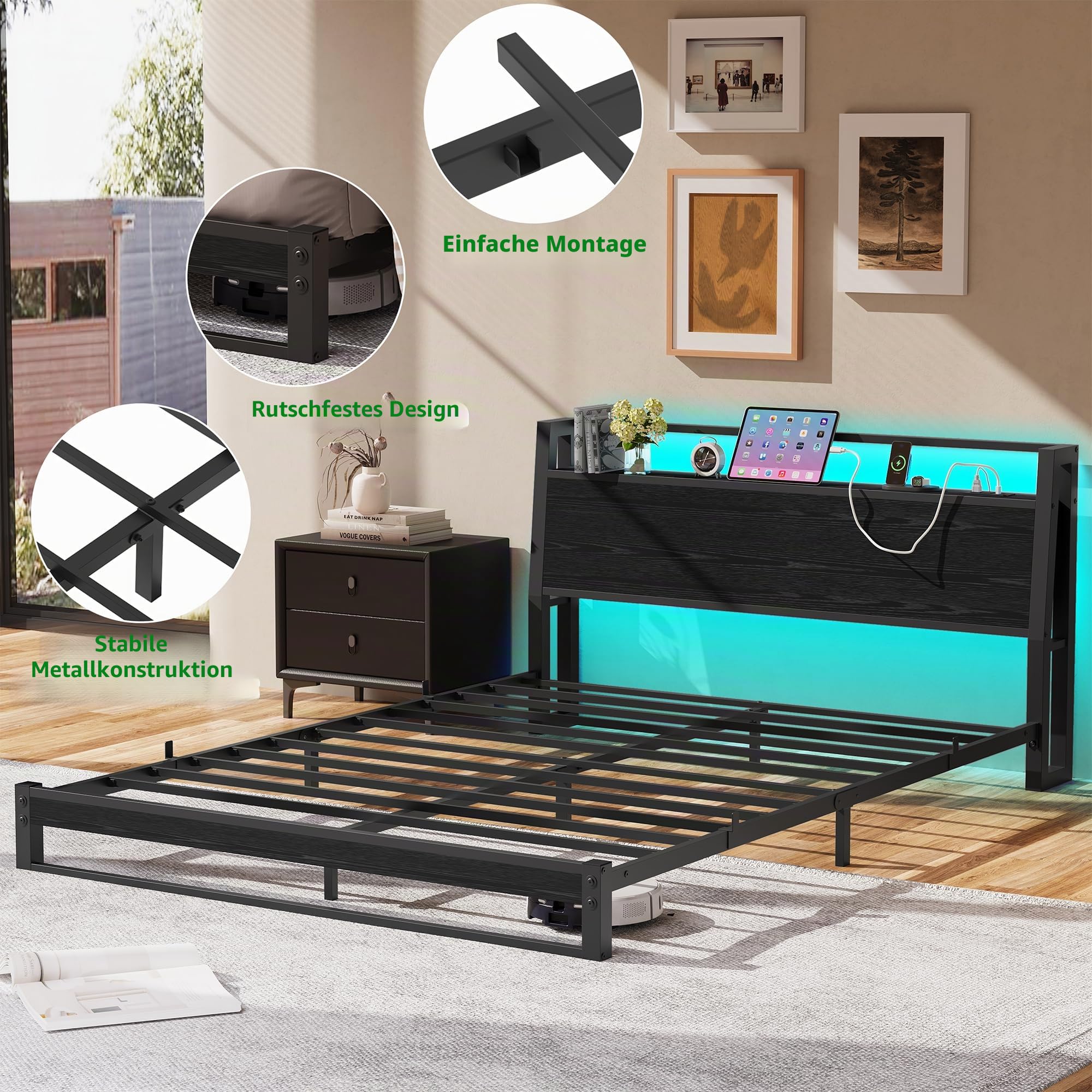 Bett 120x200 mit Ergonomischem Kopfteil mit Stauraum, Bodenbett Niedriges Metallbett, Bettgestell mit Ladestation und LED Beleuchtung, jugendbett 120x200 für Schlafzimmer Gästezimmer,Schwarz
