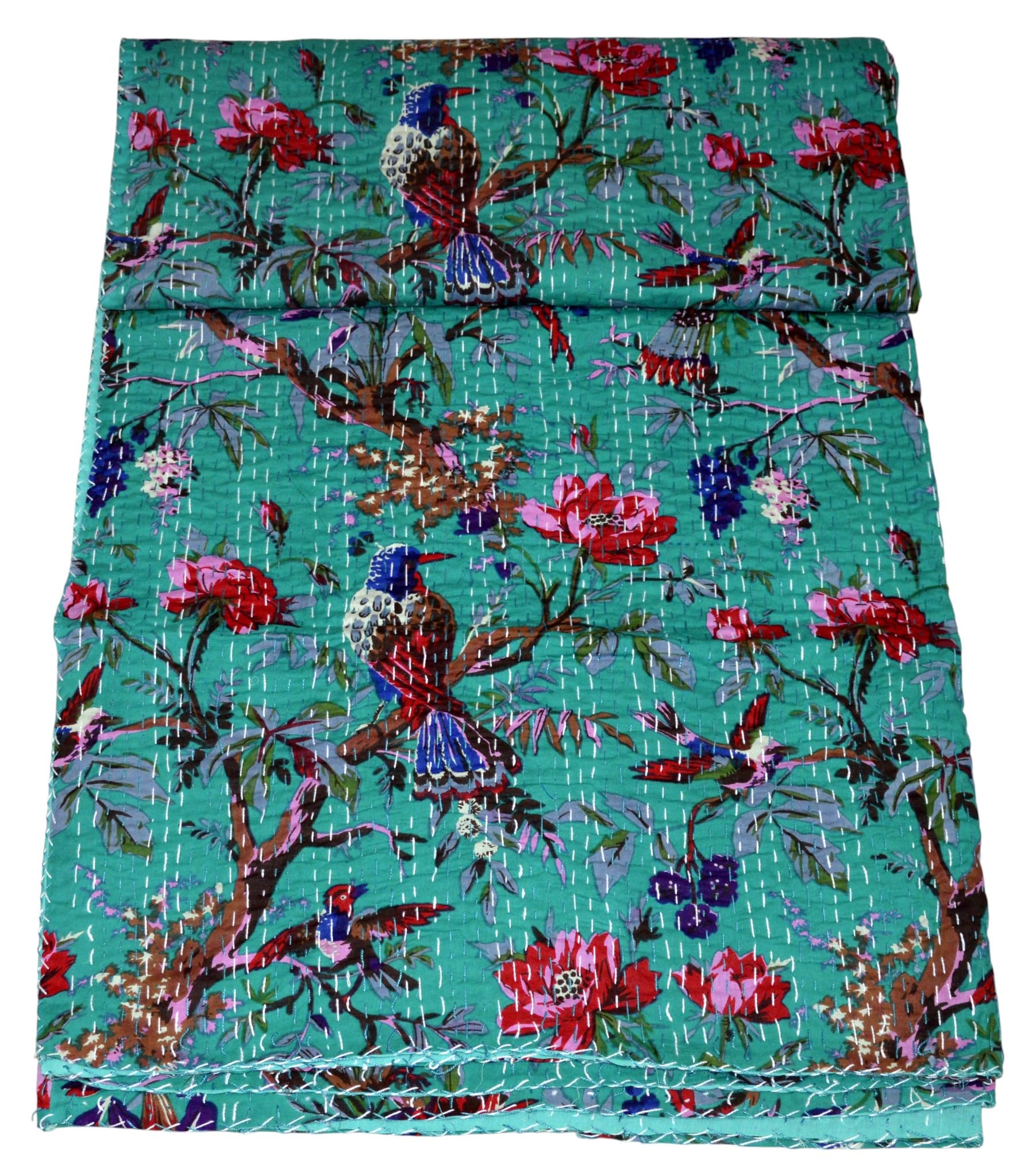 copriletto indiano 100% cotone Kantha, set di copriletti fatti a mano, reversibile, set di copriletti di lusso vintage con motivi floreali e uccelli