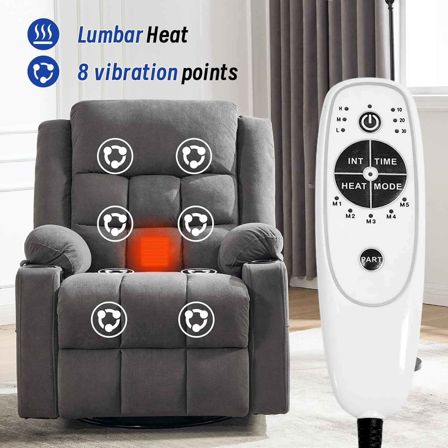 Swivel Recliner Chair for Adults with Massage and Heating,Manual Glider Rocking Recliner Chair with Cup Holds and Pockets,Reclining Rocker Chairs for Living Room Bedroom R8811 (Darkgrey)