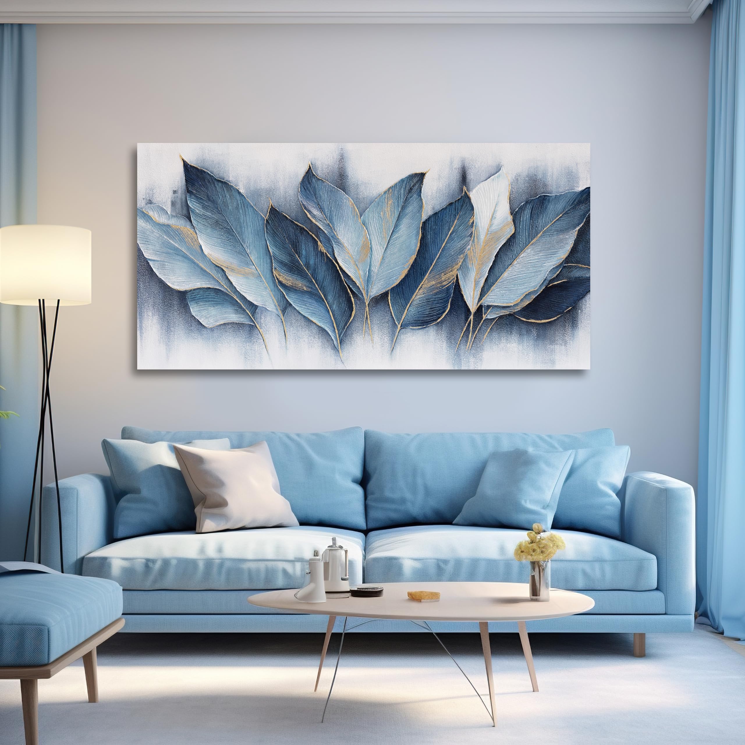 lianyibo Blue Leaves Canvas Wall Art Abstract Art Modern Poster Prints Artwork For Living Room Bedroom Home Office Decor(65x130cm/Frameless)