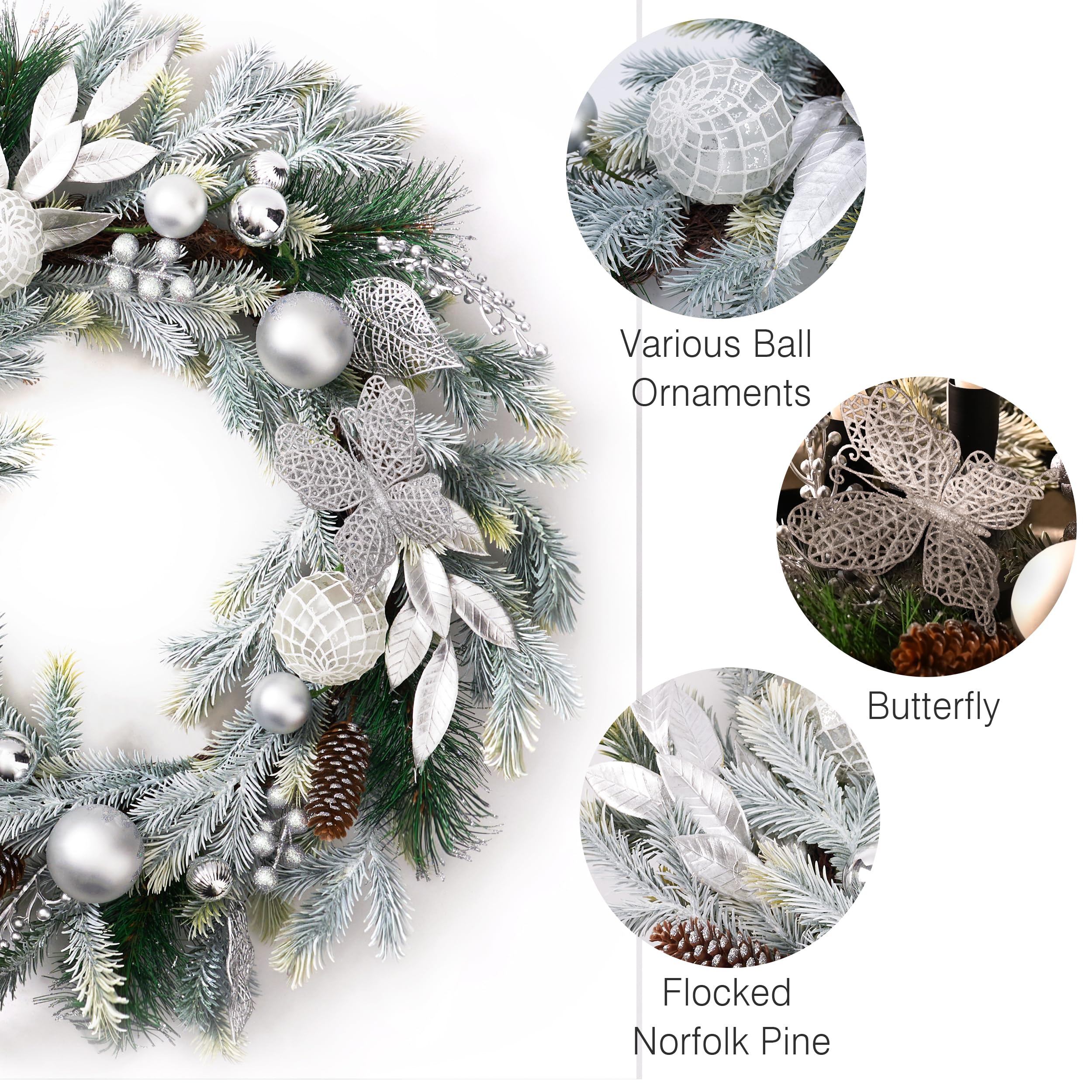Decorbyhannah Corona de Navidad, coronas de Navidad de 24 pulgadas para puerta delantera con luces, arrecife plegable artificial para interiores y exteriores con adornos de piña de bayas para ventana