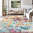 Carvapet Rugs for Living Room, Colorful Modern Abstract Low Pile Large Carpet with Rubber Backing, Foldable, Non Slip Machine Washable (9 x 6 Feet Rectangular, Red Area Rug)