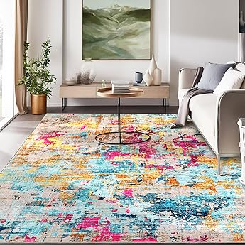 Carvapet Rugs for Living Room, Colorful Modern Abstract Low Pile Large Carpet with Rubber Backing, Foldable, Non Slip Machine Washable (9 x 6 Feet Rectangular, Red Area Rug)