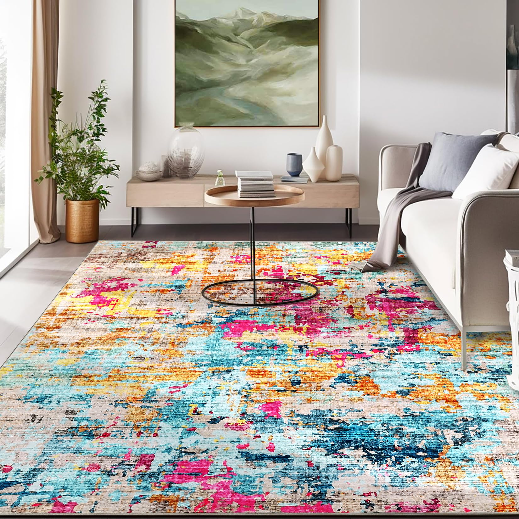 Large Area Rugs for Living Room, 6x9 Colorful Modern Abstract Washable Bedroom Rug Non-Slip Low Pile Area Rug Throw Carpet for Dining Room Home (