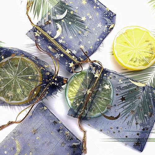 Vista 18 de SUMAJU 100 bolsas de organza de estrella lunar, 2.7 x 3.5 pulgadas, bolsa de organza púrpura transparente, pequeñas bolsas de regalo con cordón