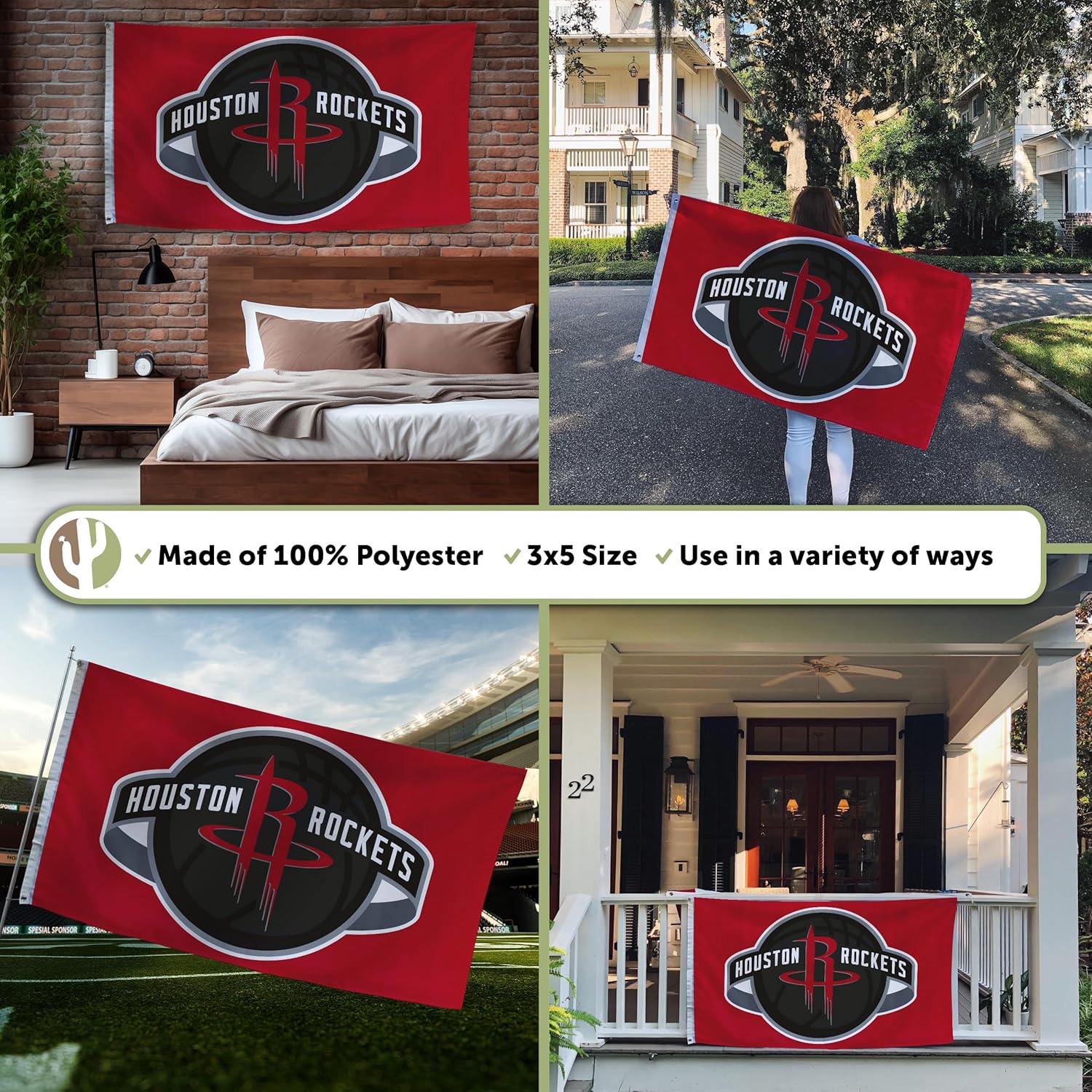 Desert Cactus Houston Rockets Flag NBA 100% Polyester Indoor Outdoor 3x5 feet National Basketball Association Team Flags (Flag #2) - Image 3