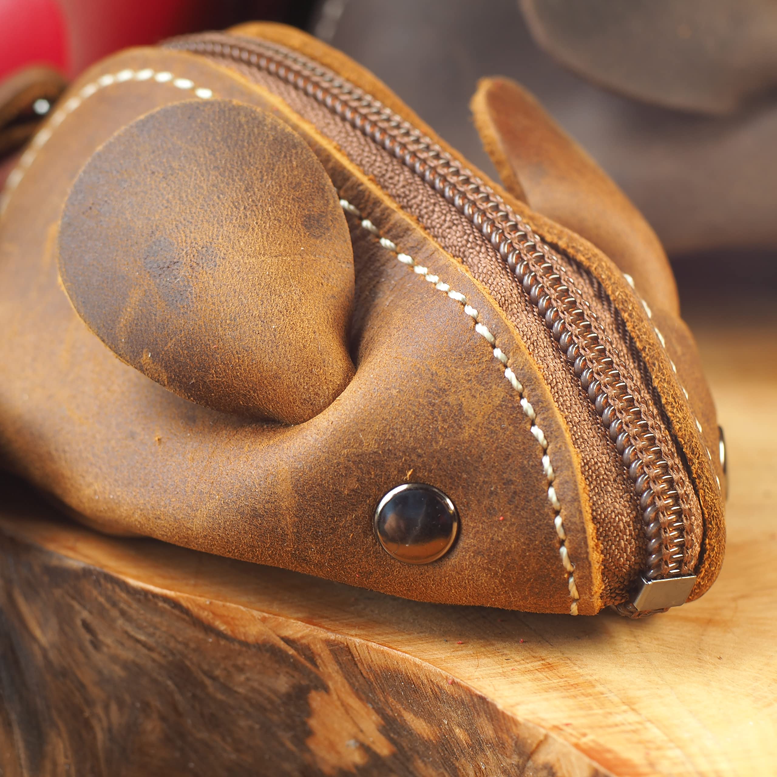 Kleingeldbörse Maus Shape aus Leder - Schlüsseltasche Münzbörse Münzbeutel Coin Purse klein Geldbörse Geldbeutel Kleingeldportemonnaie (Hellbraun)