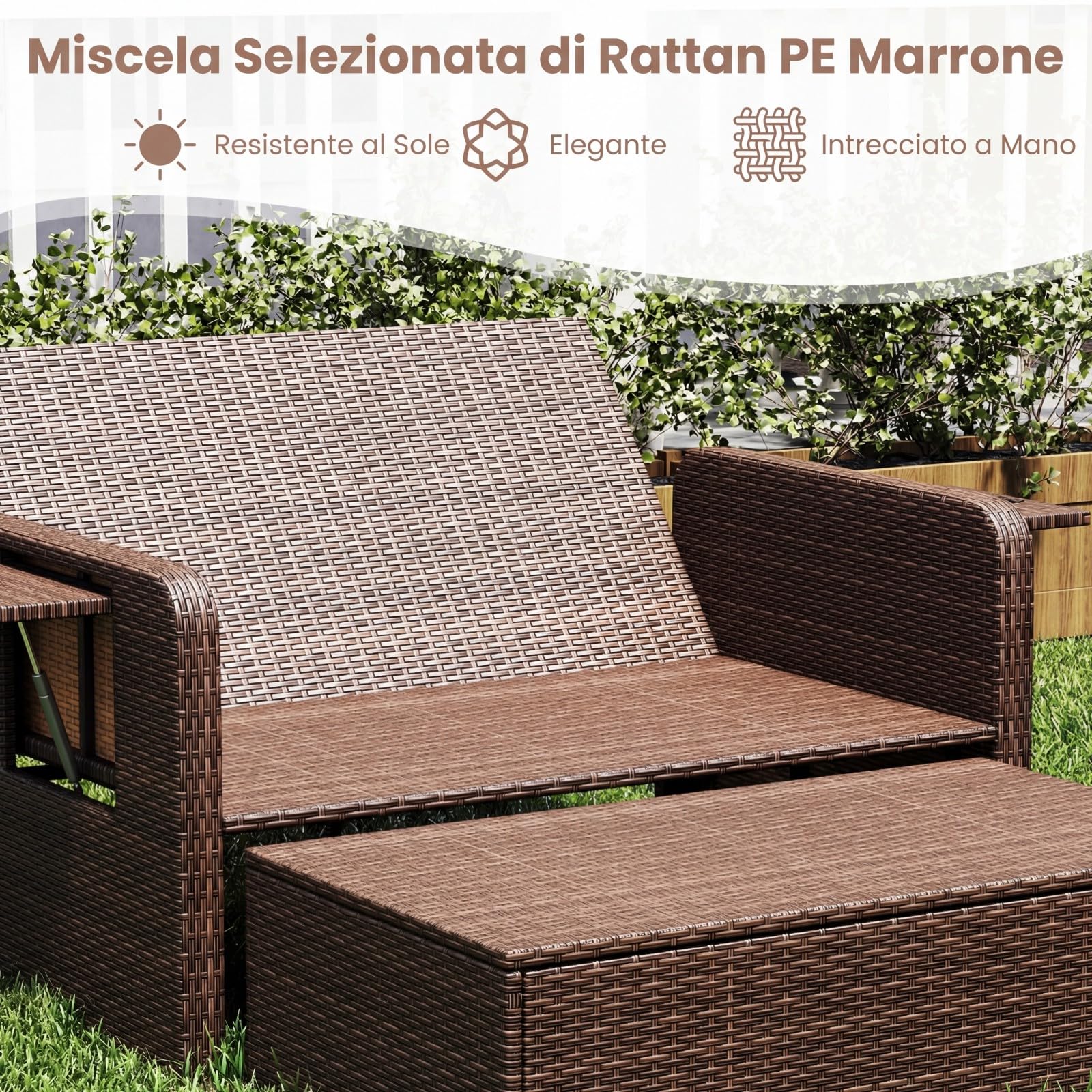 COSTWAY Lettino Prendisole da Giardino per 2 Persone, Divano con Panca Contenitore e Cuscino con Schienale Regolabile a 4 Livelli e Vassoi Laterali Estraibili per Balcone (Marrone screziato-Grigio)