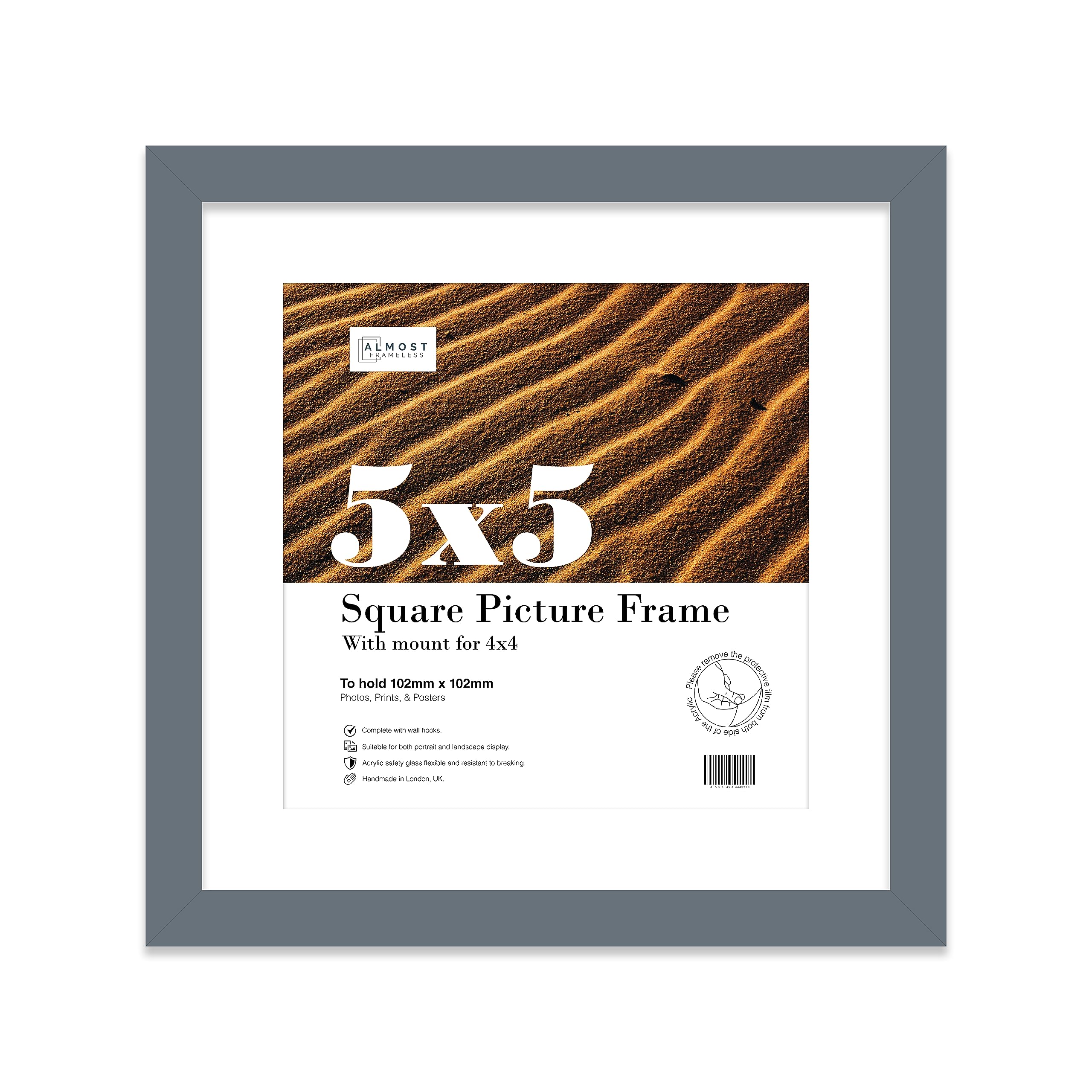 Almost Frameless 5x5 Picture Frame, Display Pictures 4x4 With Mat or 5x5 Without Mat, Wall Hanging & Free Standing Photo Frame, Grey, 1 Pack