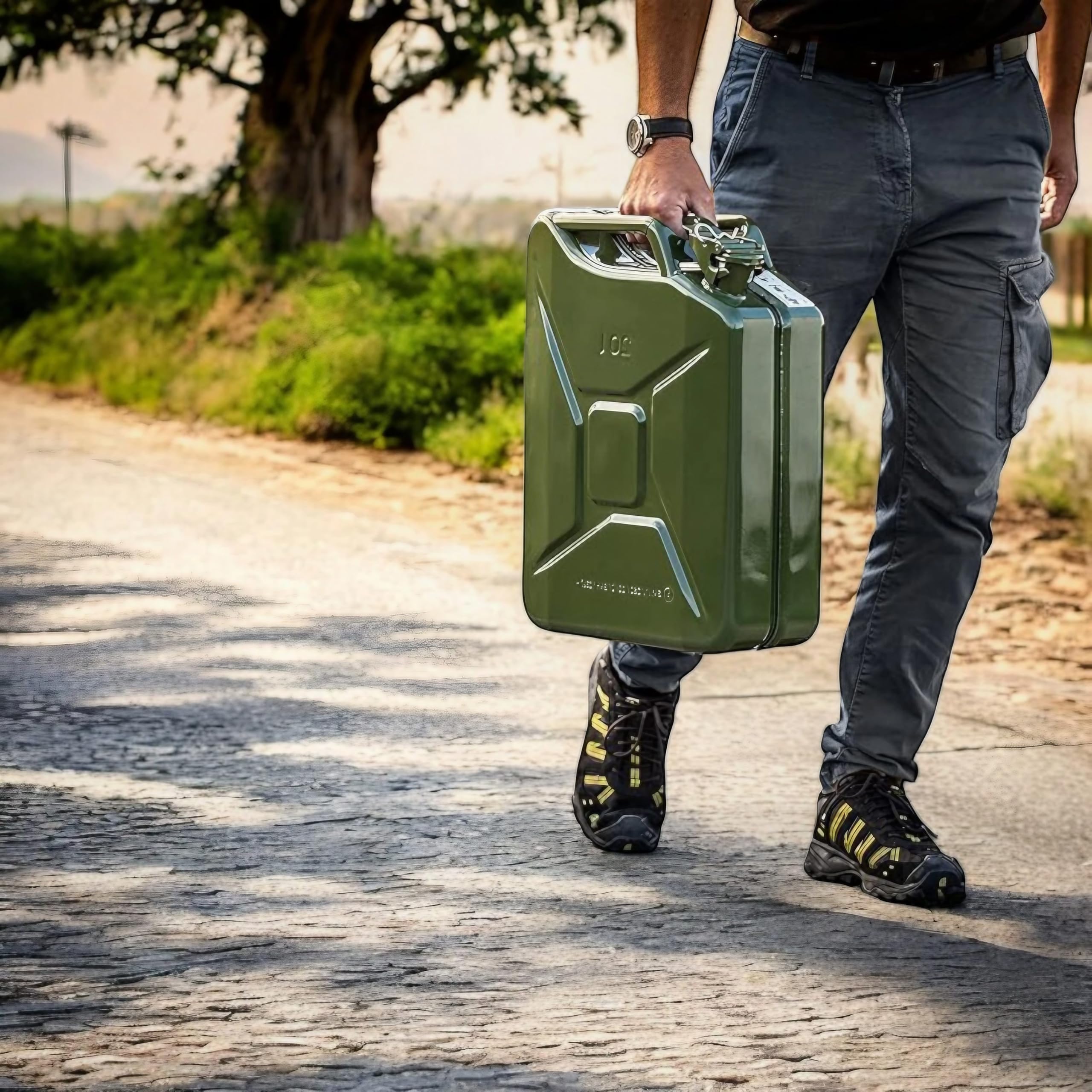 ESTO Bidón de gasolina de metal verde militar capacidad 5 L, 10 L, 20 L con o sin boquilla, cierre de seguridad, antioxidante, certificado UN transporte de mercancías peligrosas, 10 litros/con