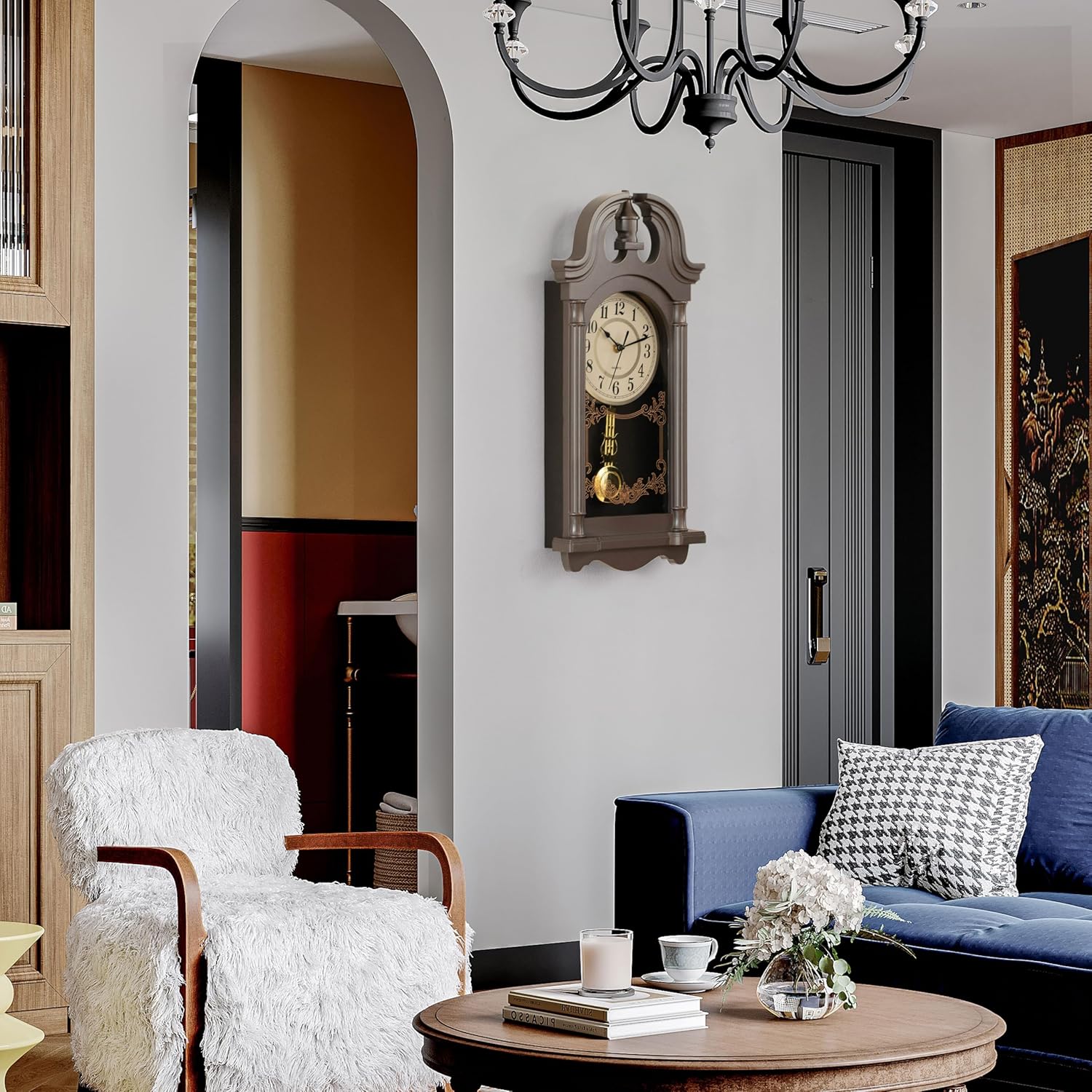 Clockswise Vintage Grandfather-Style Wall Clock with Wood-Effect Plastic Pendulum Battery-Operated for Home Decor Living Room Home Office Kitchen or Dining Room White, 16 Inch (Charcoal, 20 Inch)