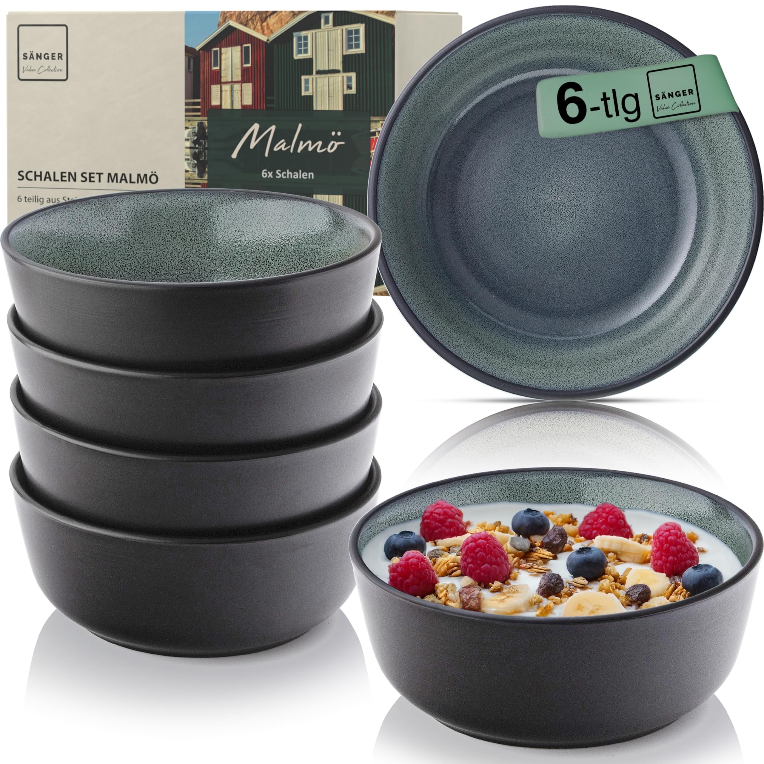 SÄNGER Malmö | Steingut Müslischalen Bowl Schüssel 6 teilig, Schüssel Set 6 Personen, Schale spülmaschinen- mikrowellen- kratzfest, Schüsseln grün mit schwarzem Rand 600 ml | VALUE COLLECTION