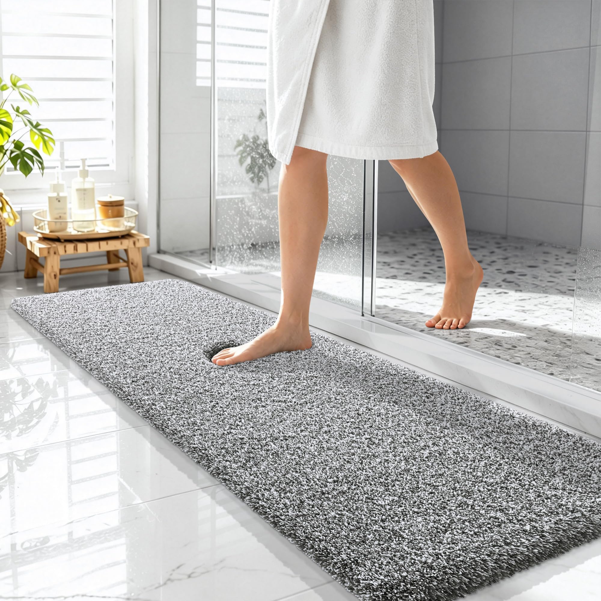 OLANLY Microfiber Bathroom Rugs 59x20, Quick Dry Mat, Dark Grey and White