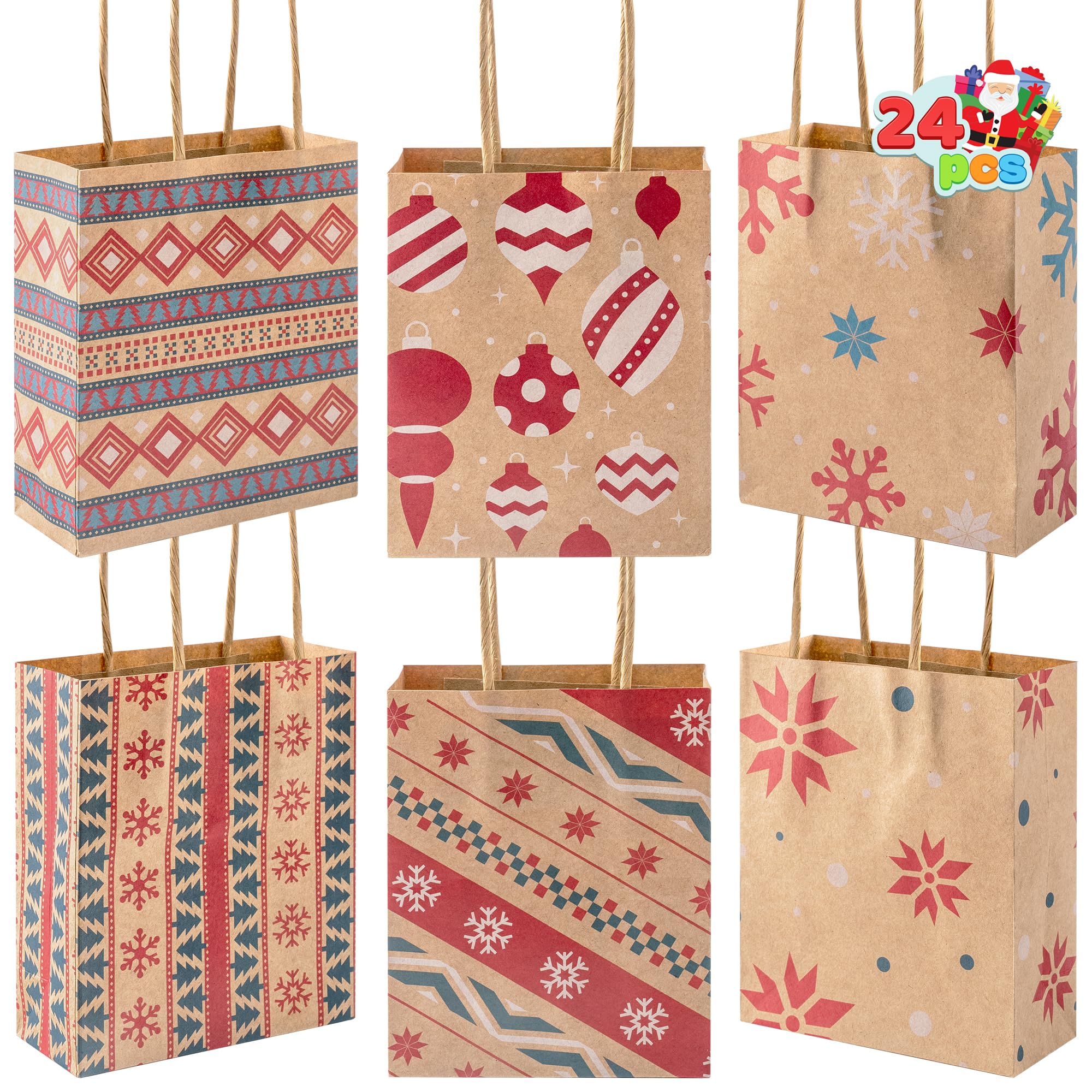 JOYIN 24 sacchetti regalo natalizi in carta kraft con manici, riutilizzabili, per regali di festa, decorazioni giganti, bomboniere e forniture decorative (13,2 x 10,25 x 2)