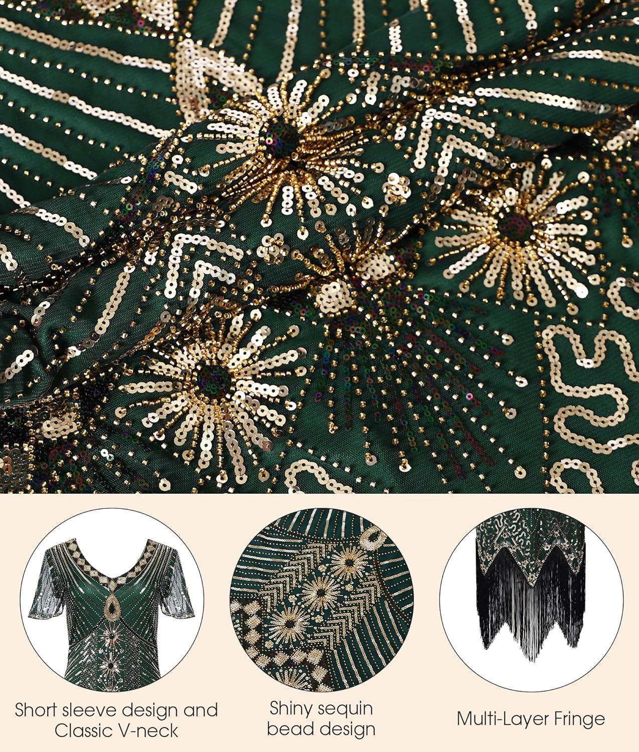 1920s Flapper Dresses for Women, Great Gatsby Dresses Roaring 20s, Sheer Beaded Sleeves Costume with 20s accessories - Image 7