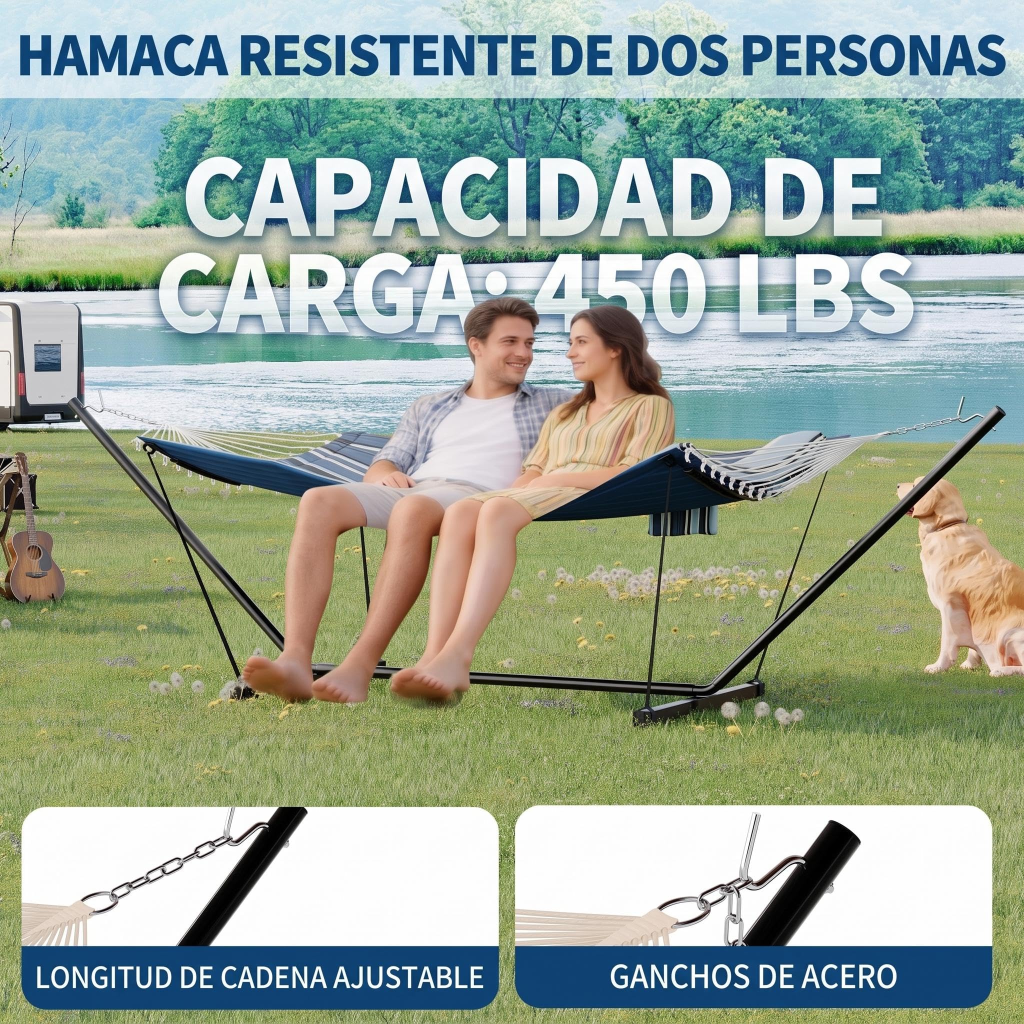 Litake Hamaca con Soporte Barra Curva Acolchada Rayas Azul y Marino