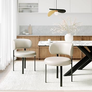 Beige Dining Chairs Set of 2 Leather Dining Chairs with Metal Legs, Spring Support and Curved Back, Round Kitchen Dining Room Chair Mid Century Modern Style for Cafe, Restrauent,Bar Beige-2