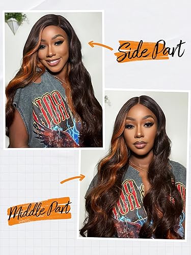 Miniatura 4 de GORGIUS Pelucas con reflejos naranja jengibre, sin pegamento, peluca de onda suelta ombré, pelucas de encaje frontal prearrancadas, pelucas de color