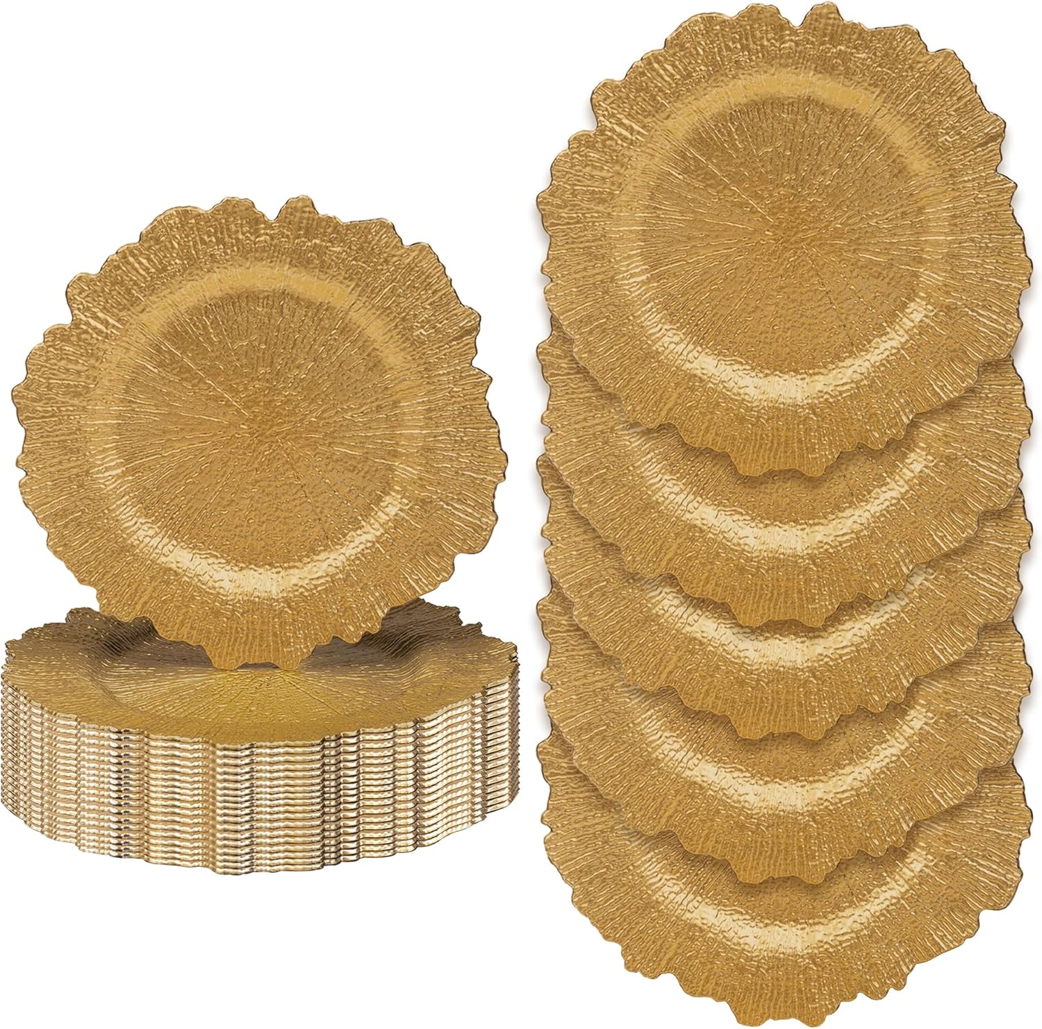 jevergn 24 pack gold charger plates, 13'' reef chargers for dinner plates, gold plate chargers set of 24, round plastic charger for wedding, party event, dinner, table setting