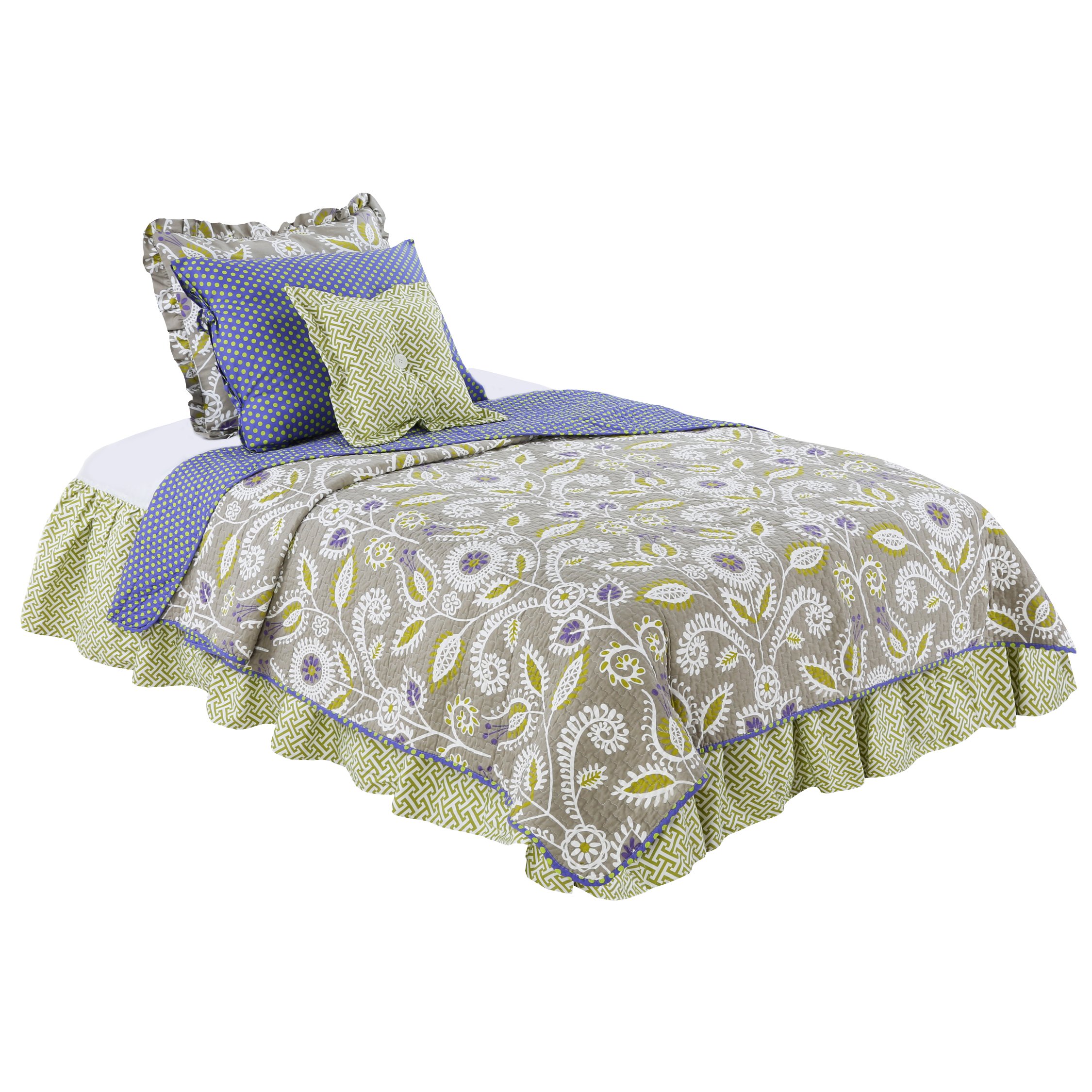 Cotton Tale Designs 100% Cotton Periwinkle Gray/Grey, Purple, Green Floral & Polka Dots Dot Reversible Quilt - Girl - Twin & Full/Queen (Twin)