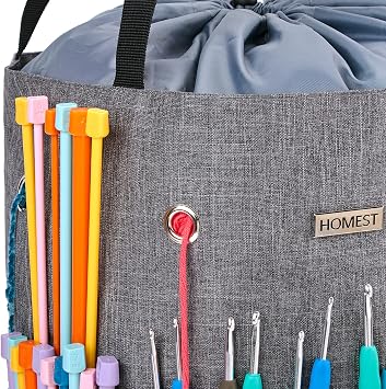 HOMEST Crochet Bag Organizer for Yarn Storage, and Knitting Accessories | Customized front compartment, 6 oversized grommets and drawstring closure for hooks, needles and projects, Grey