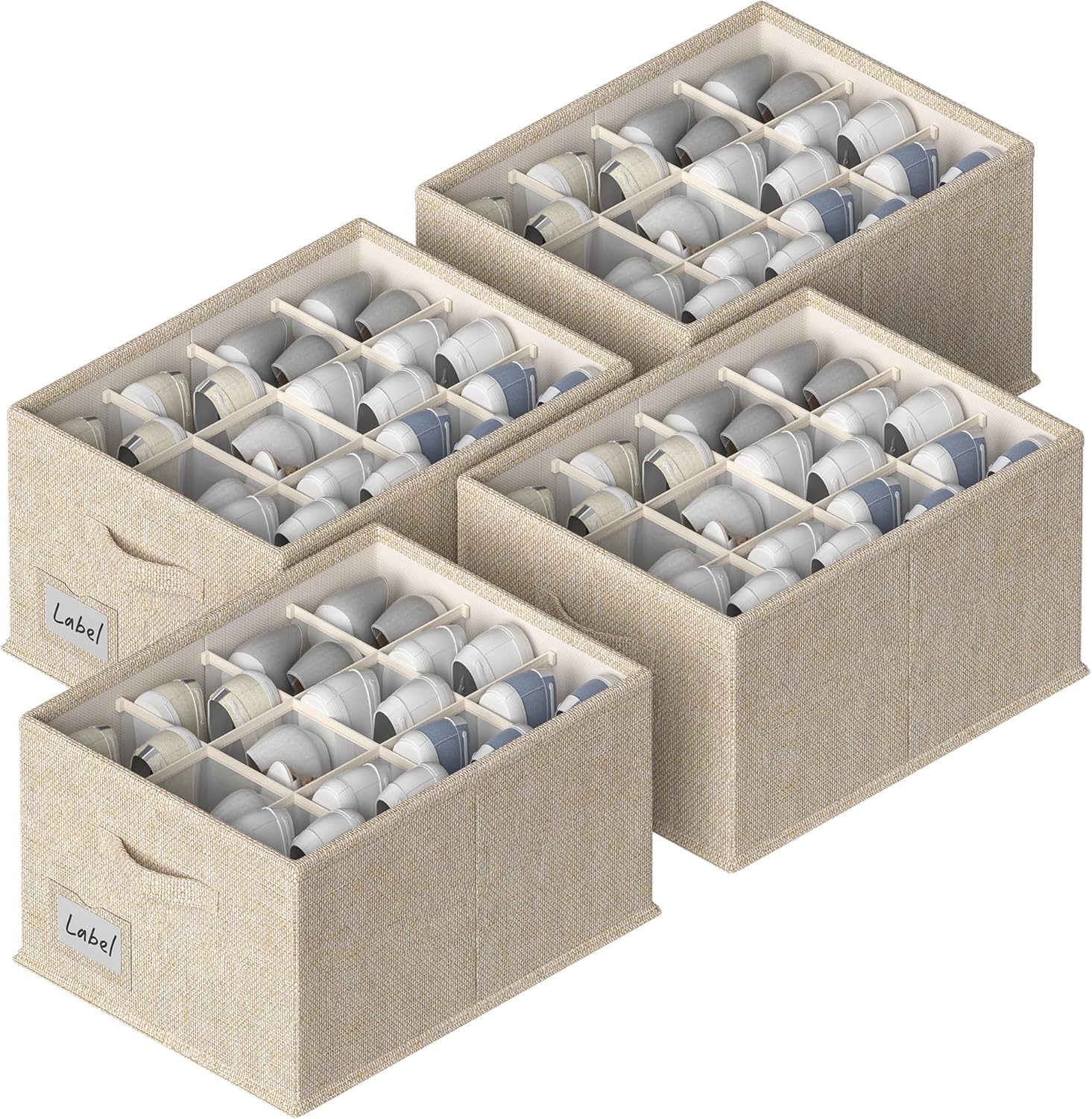 FHSQX 4 Pack Shoe Organizer for Closet,Foldable Shoe Organizer,Fits up to 48 Pairs,Storage Containers With Bottom Support for Shoes (Beige, (16.5 * 12.6 * 9.5) x4)