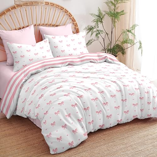 Sedefen Pink Bow Comforter Set Striped Heart Reversible Cute Bedding