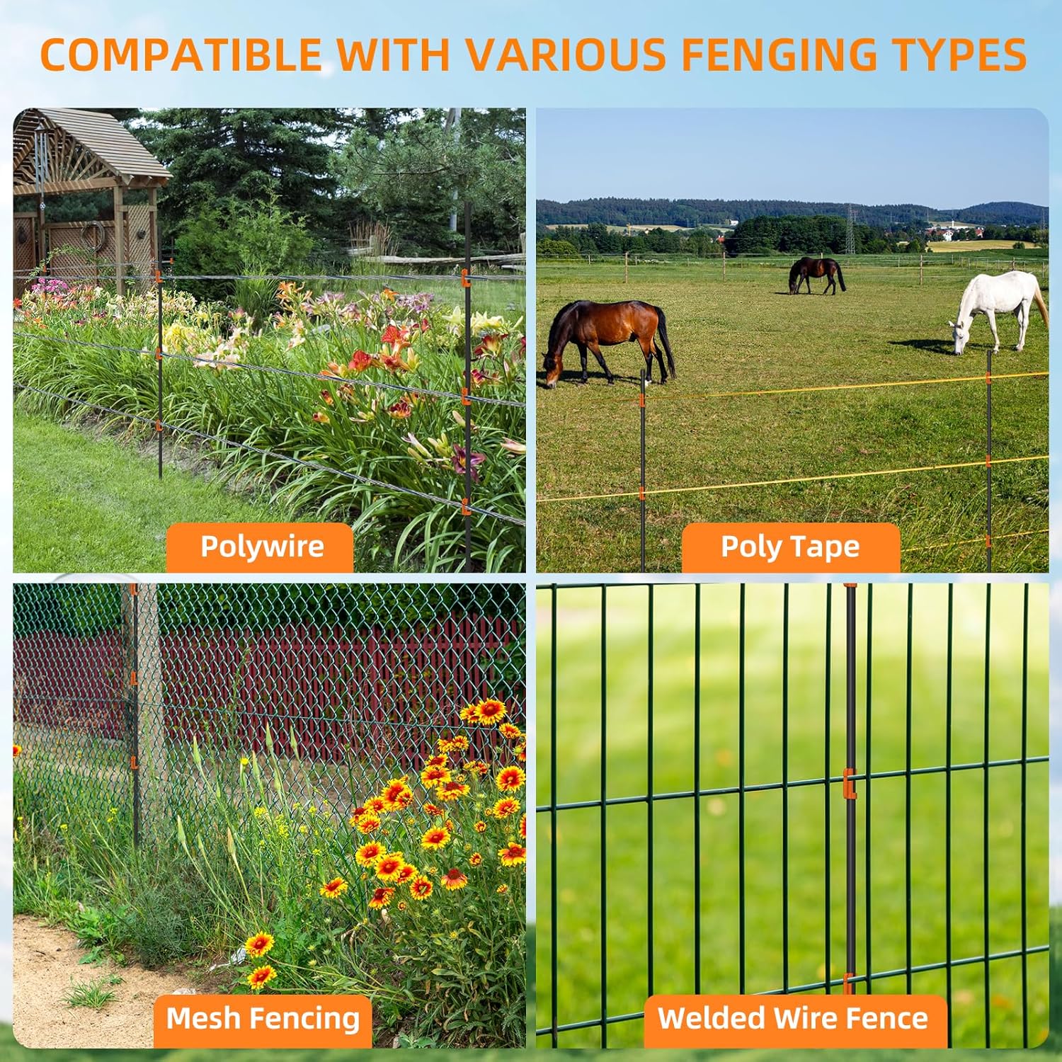 25Pack 58Inch Garden Fence Posts with 100 Adjustable Clips,4.8ft Temporary Fence Stakes for Yard,Backyard and Vegetable Plot,Black Portable Electric Fences Posts for Deer,Sheep,Livestock,Farm