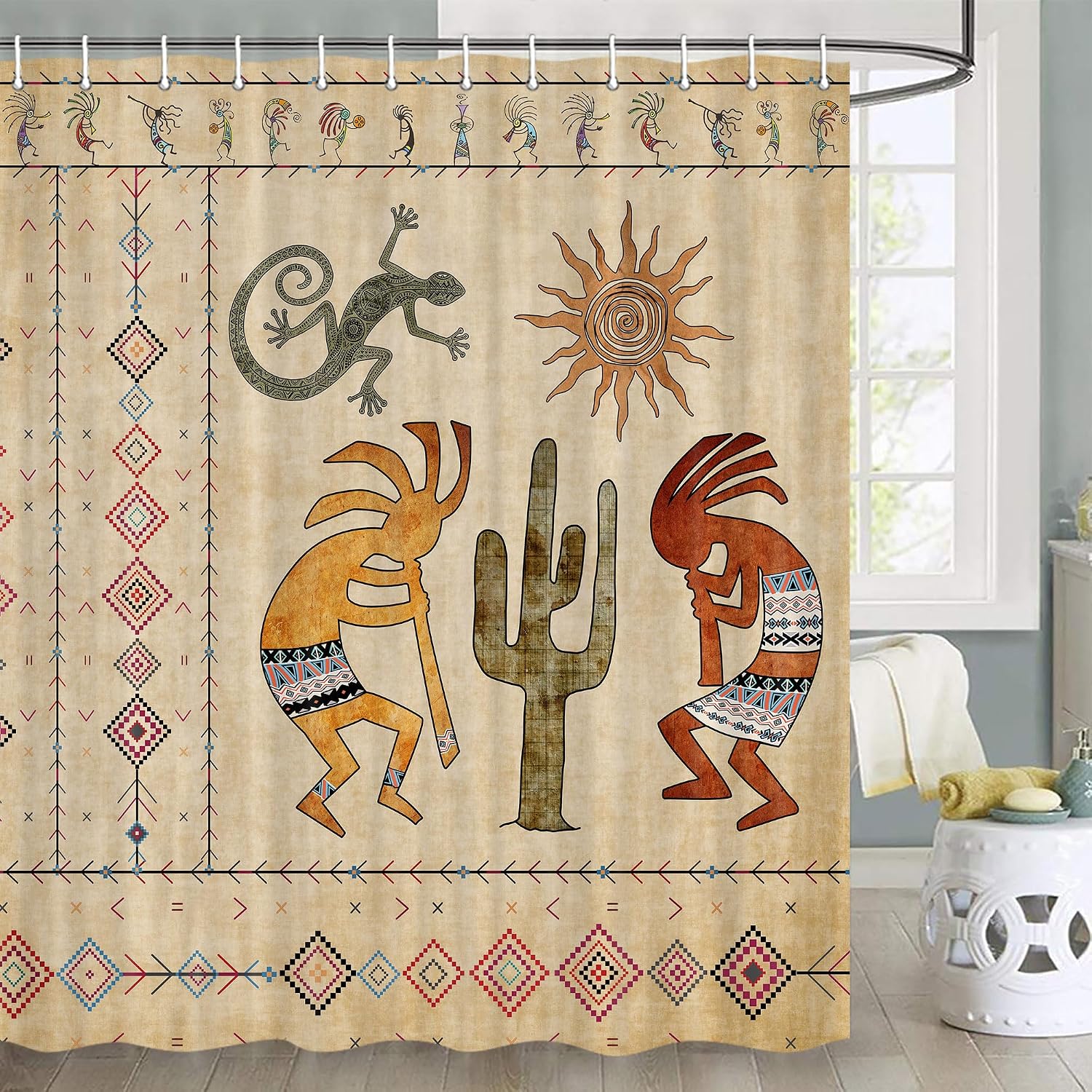 JAWO Kokopelli Shower Curtain, Southwest Shower Curtain Kokopelli Native American Shower Curtain, Ethnic Tribal Shower Curtain Music Agriculture Ancient Shower Curtain with Hooks, 72X78inch