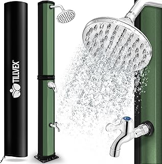 Comprar tillvex Ducha Solar con Cubierta Protectora | Ducha Solar de jardín Agua Caliente | Ducha de Piscina sin conexión eléctrica | con Grifo y Cabezal de Ducha de Lluvia (Negro/Verde, 35 litros)