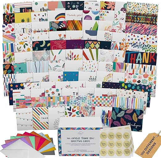 Dessie 100 Unique Thank You Cards Bulk - Blank Note Cards with 100 Different, Colorful Designs, No repetition. Colorful Envelopes, Gold Seals and Sturdy Storage Box.