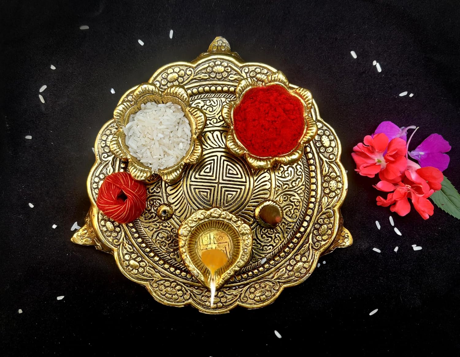 Aluminium Golden Color Plate for Puja Diwali Gift Items Deepawali Decorations Indian Dhanteras Pooja Statue Thali (Diya Plate-Golden)