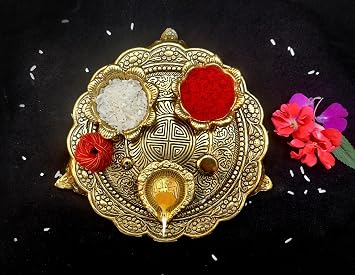 Aluminium Golden Color Plate for Puja Diwali Gift Items Deepawali Decorations Indian Dhanteras Pooja Statue Thali Diya Plate-Golden