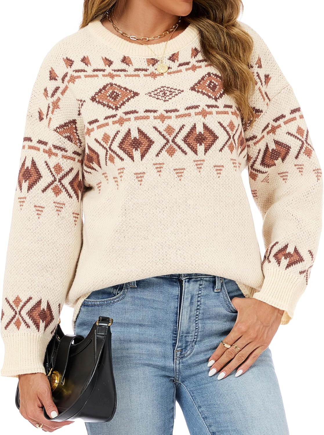 Womens Aztec Print Casual Sweater Tribal Pattern Loose Knit Jumper Pullover Long Sleeve Graphic Crewneck Sweaters - Image 5