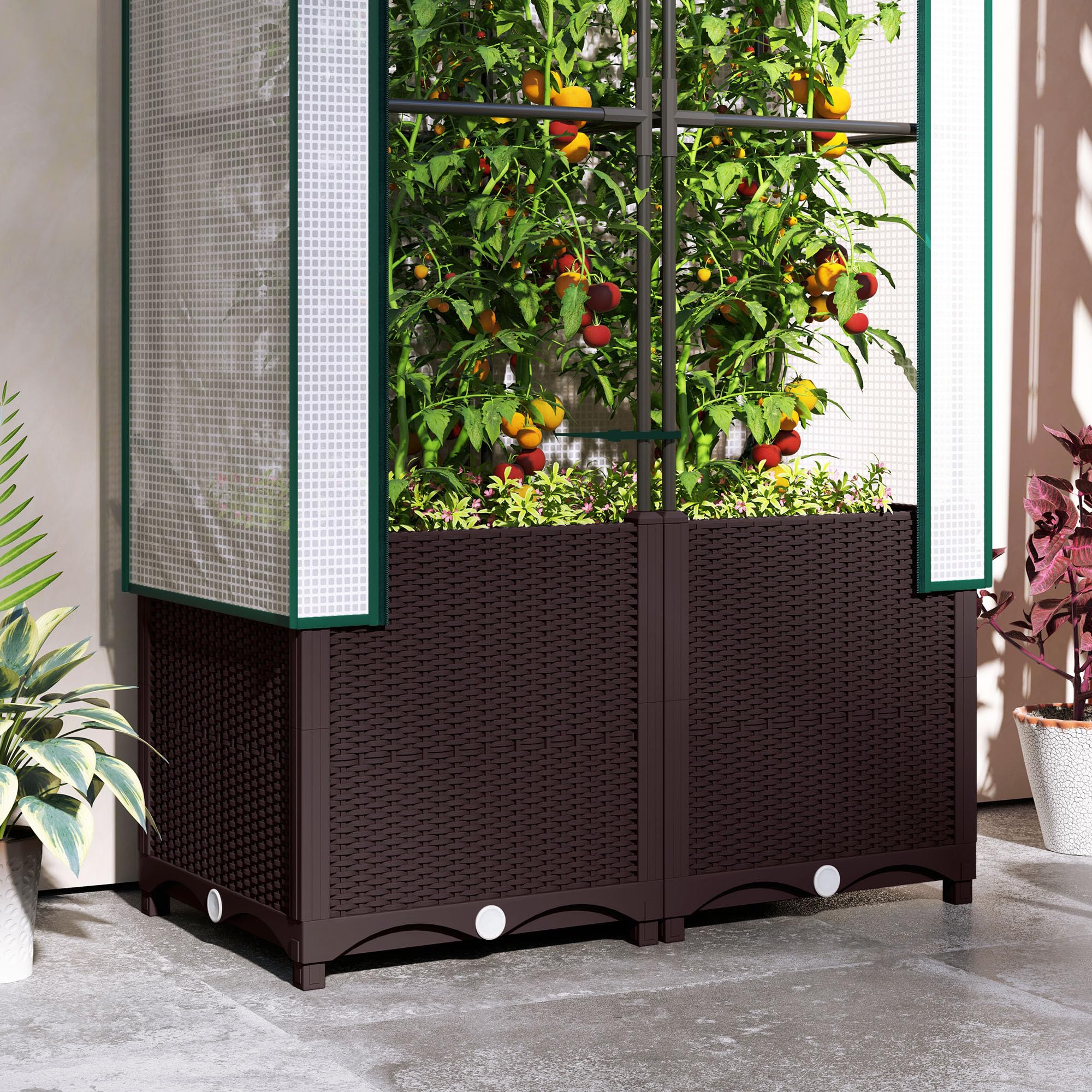 Outsunny Jardinière surélevée avec treillis, jardinière en plastique avec couvercle en polyéthylène, trous de drainage, bouchons de vidange et réservoirs d'eau pour plantes grimpantes, légumes, fleurs
