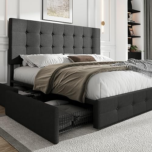 Miniatura 22 de SHA CERLIN - Marco de cama tapizado tamaño queen con plataforma, con 4 cajones de almacenamiento, cabecera ajustable con diseño de botones cosidos