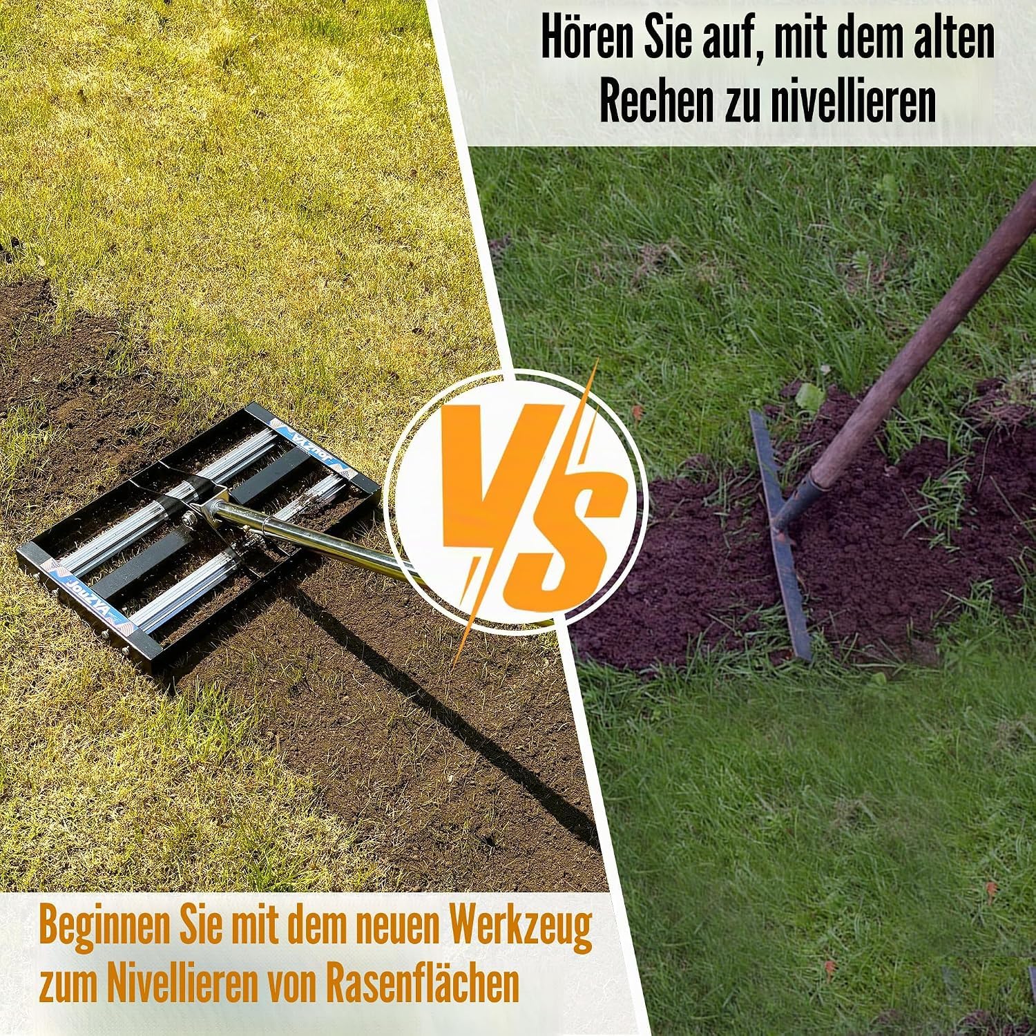 Rasen-Nivellierrechen Edelstahl mit Alurolle | Lawn Leveling Rake with Stainless Steel Head & Adjustable Handle for Lawn Care, Soil Sand Leveling, 76,2 cm
